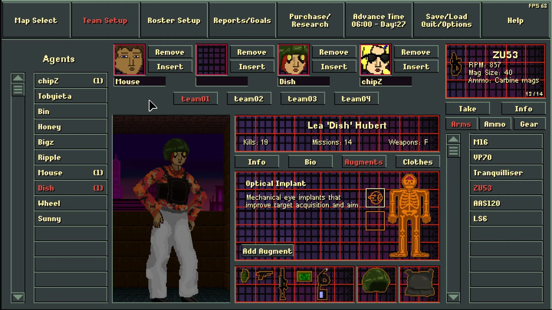 Brain Hack Squad: Team setup menu with character stats and equipment options in cyberpunk city environment