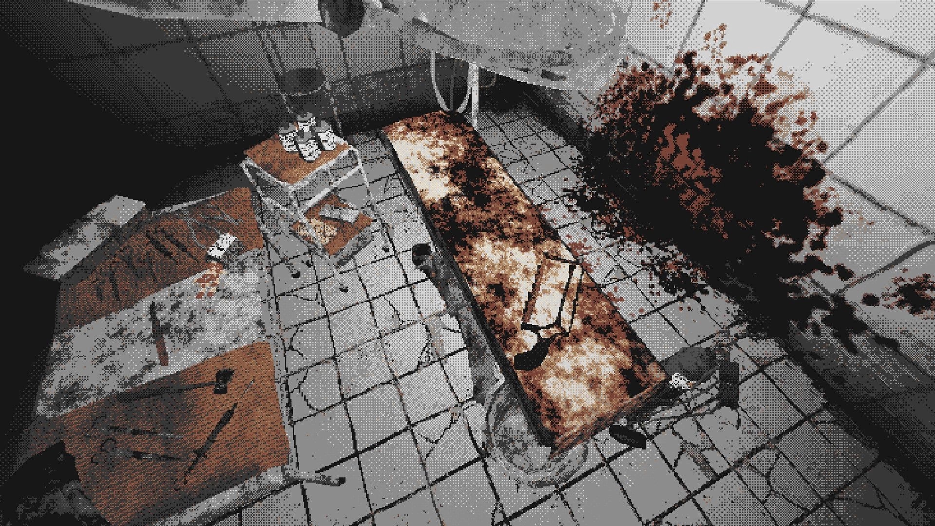 BRAINSHELL: Blood-smeared gurney and surgical cart beside a huge wall splatter in tiled room.