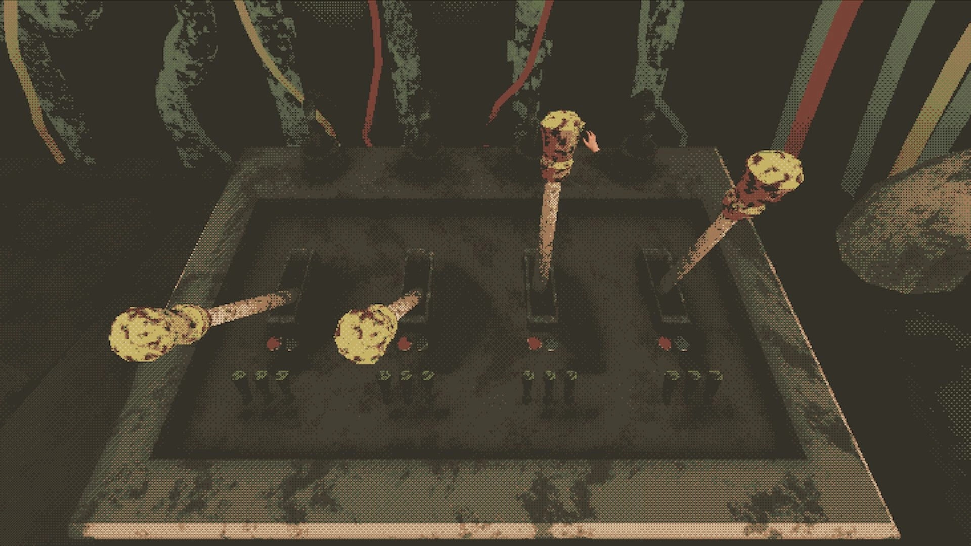 BRAINSHELL: Four grimy control levers with red buttons on a metal console in a dark bunker room.