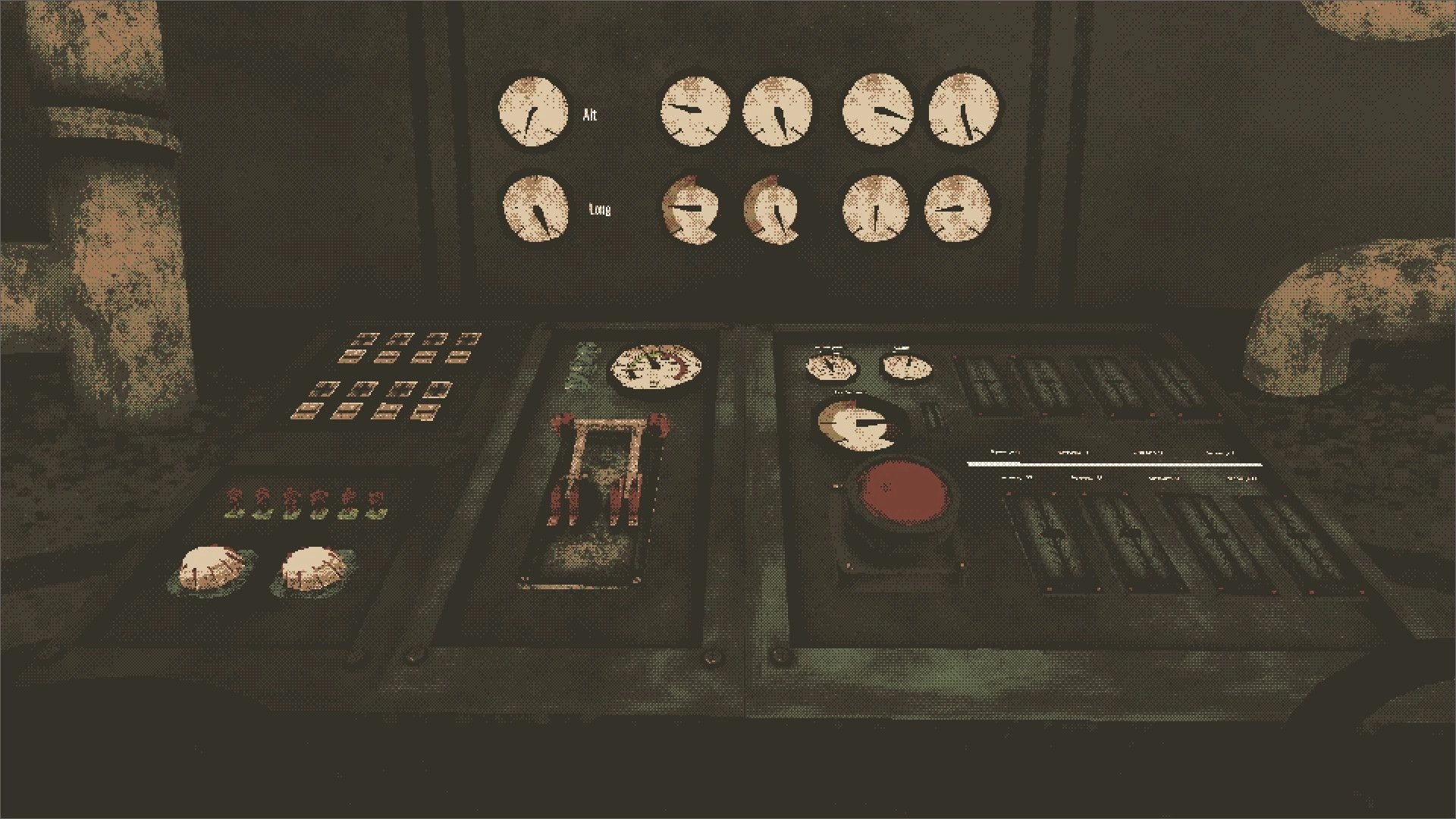 BRAINSHELL: Close-up of grimy control panel with gauges, switches, and a red button in bunker.
