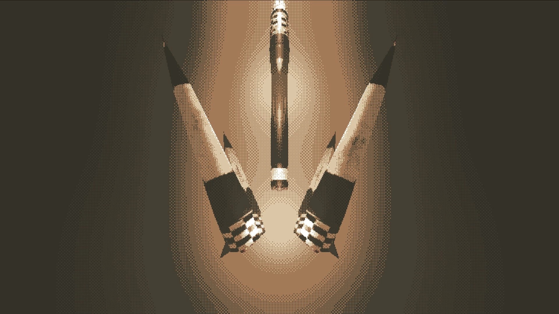 BRAINSHELL: Three missiles arranged like a trident with glowing center light on a grainy backdrop.