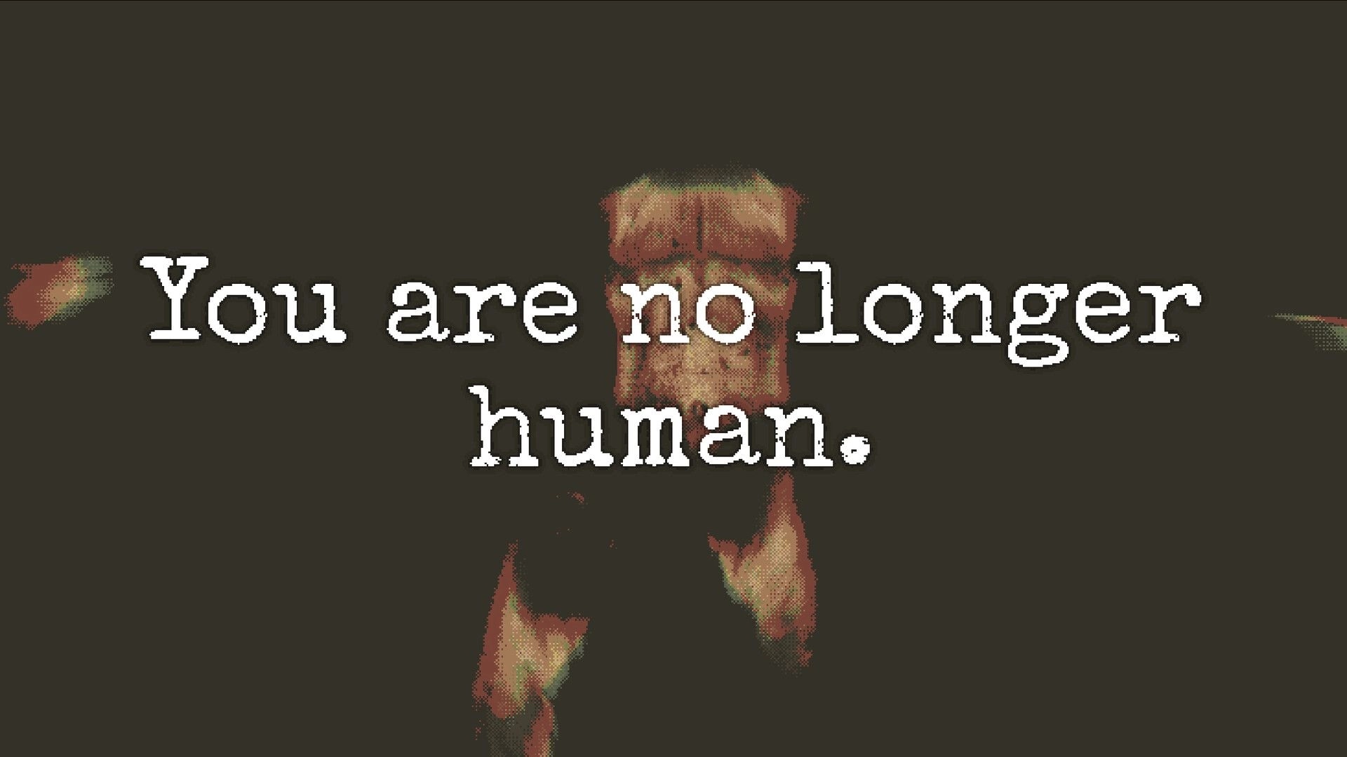 BRAINSHELL: Large text "You are no longer human." over a blurred figure in a dark void background.