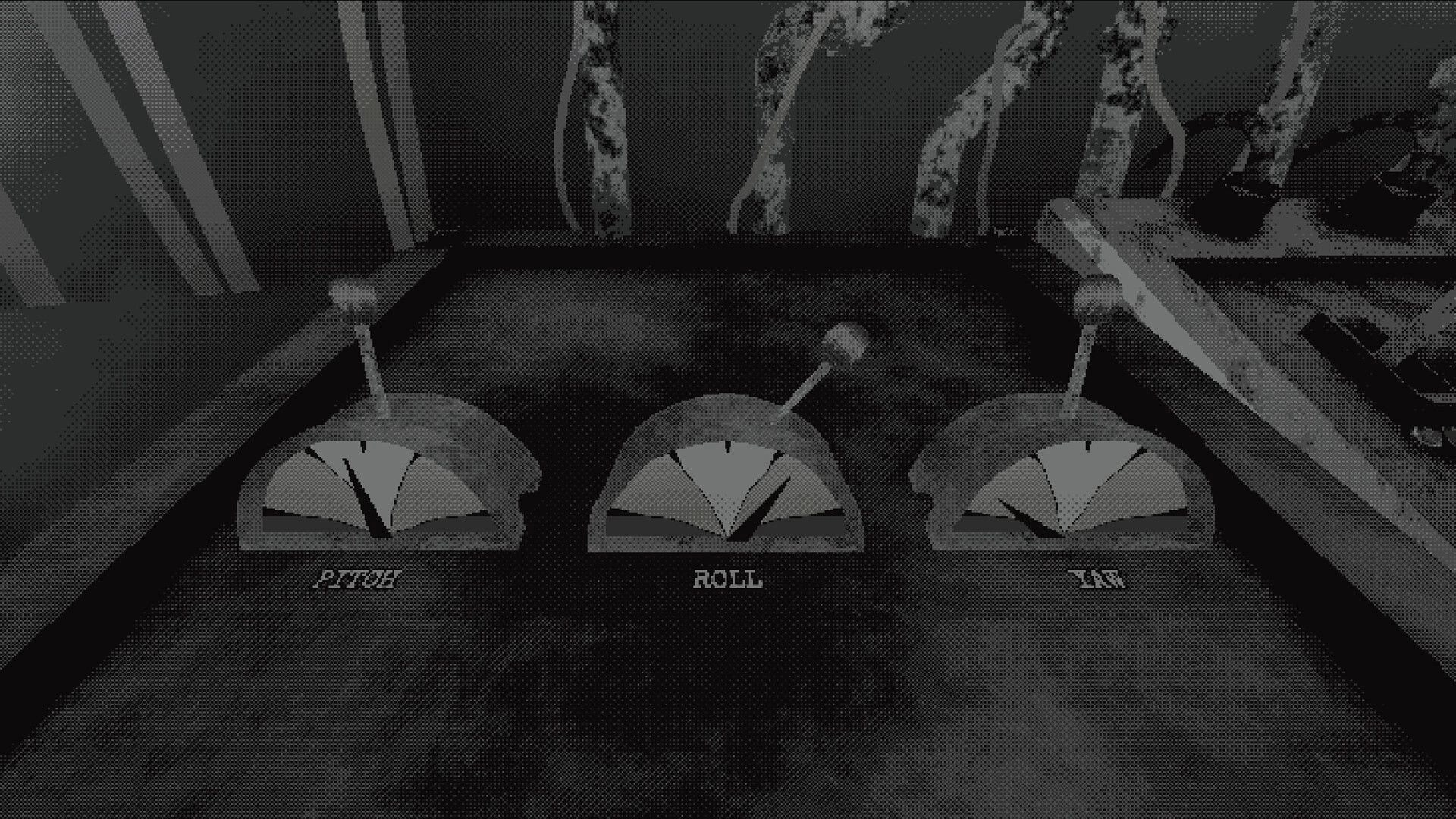 BRAINSHELL: Three control levers labeled PITCH, ROLL, and YAW on a grainy cockpit console.