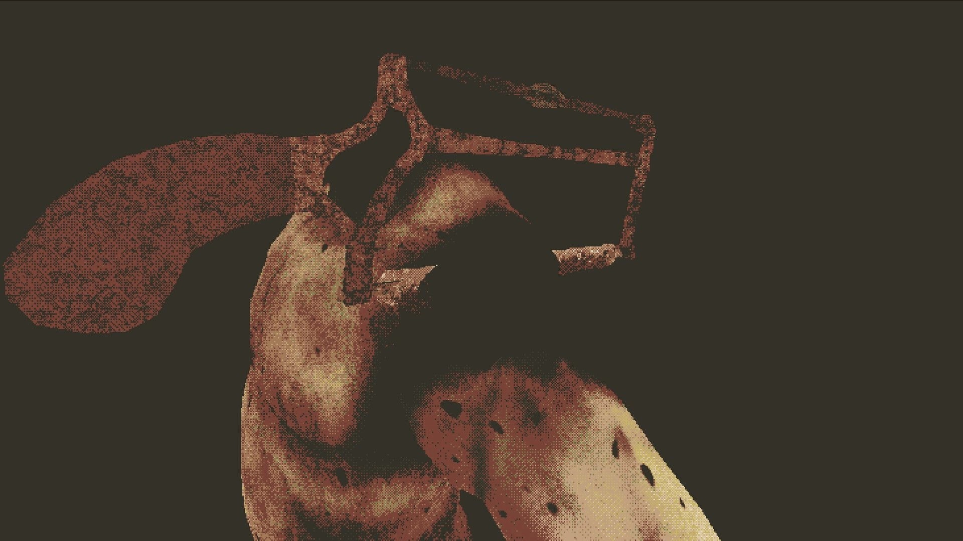BRAINSHELL: Grainy close-up of a rusted mechanical lever and metal frame in a dark void.