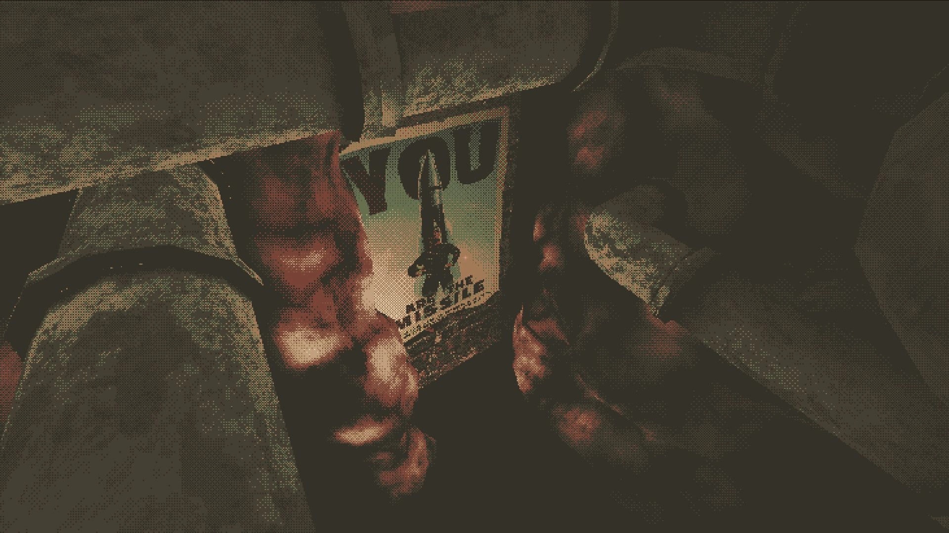 BRAINSHELL: Blood-smeared hands gripping a rocket poster inside a cramped, dim missile silo corridor.