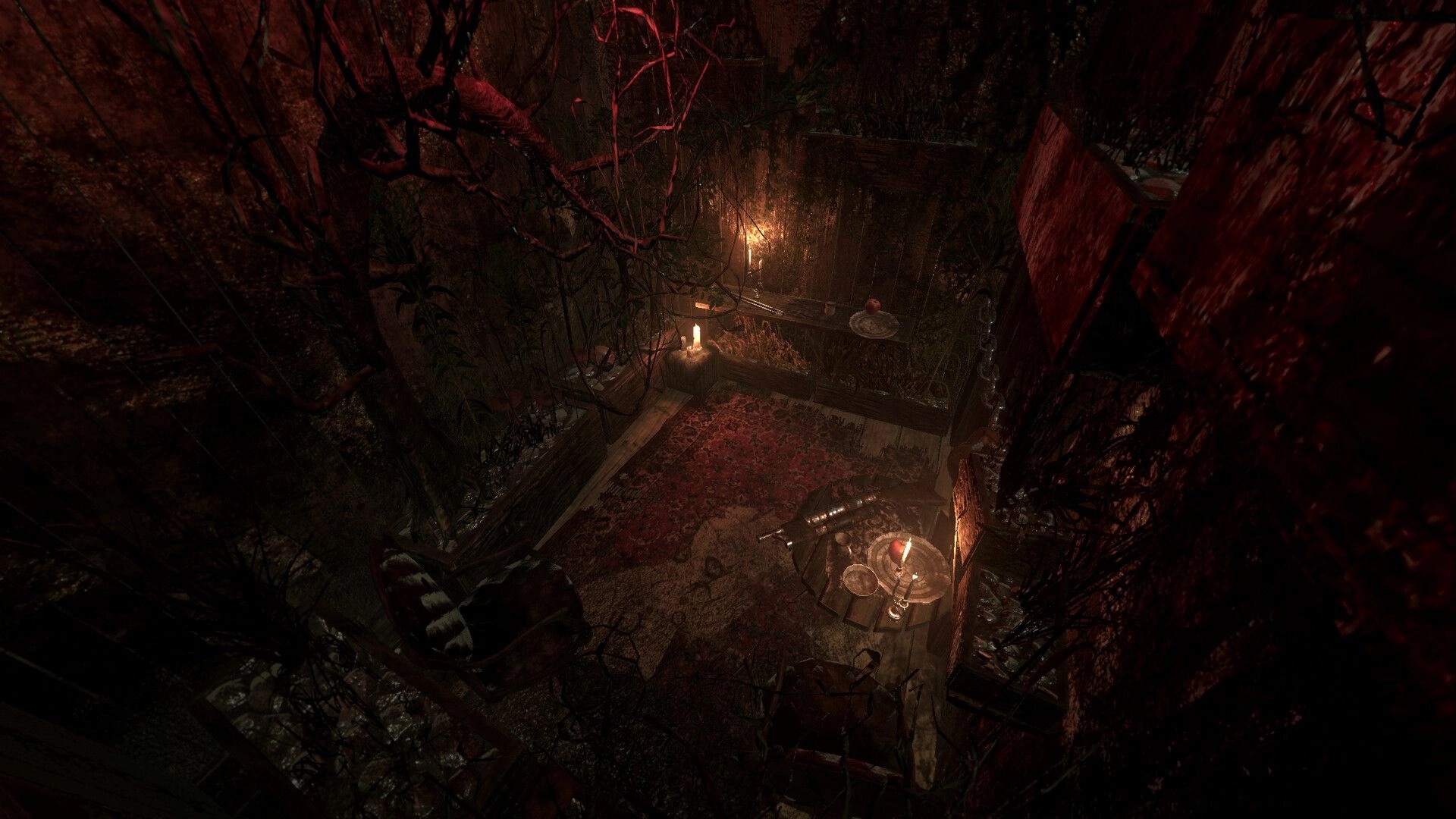 BRAMBLEFORT: Overgrown room with candles, rug, tables and a rifle amid vines and rain streaks.