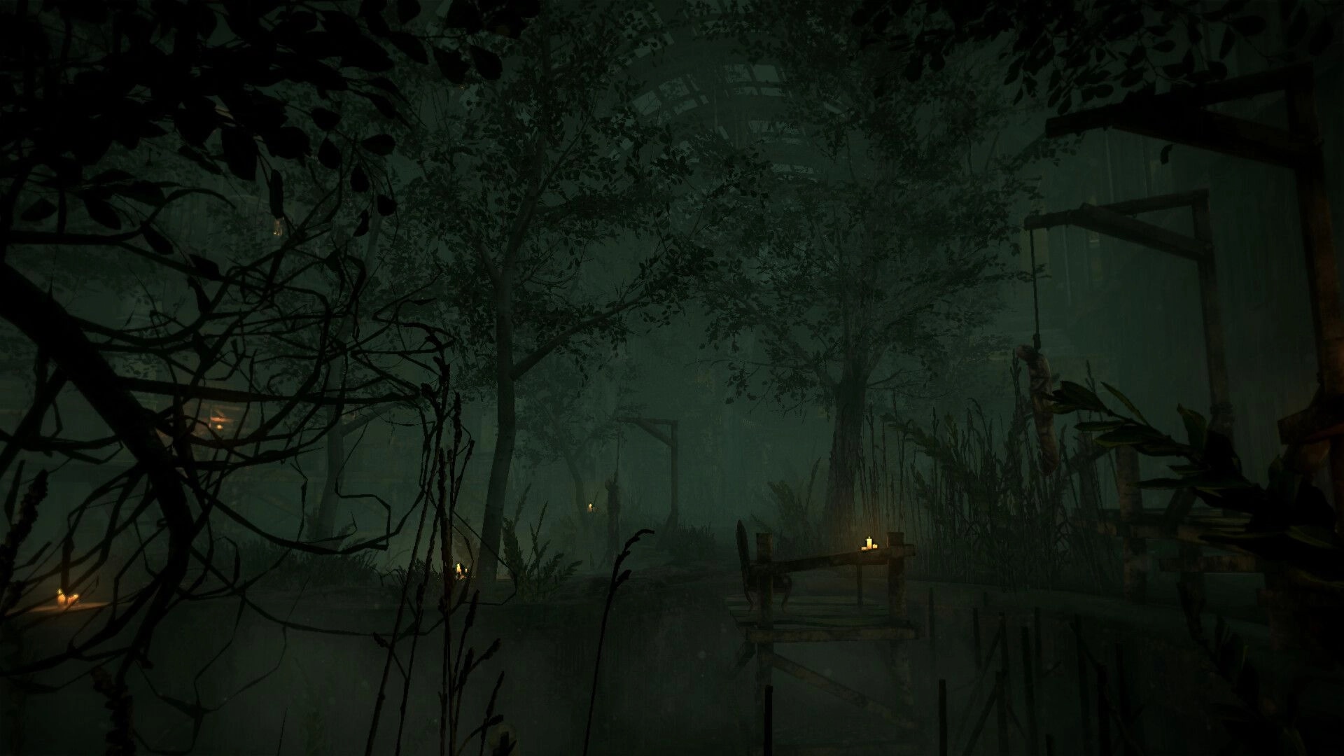 BRAMBLEFORT: Candlelit table and chair on a wooden platform in a foggy swamp beside a hut.