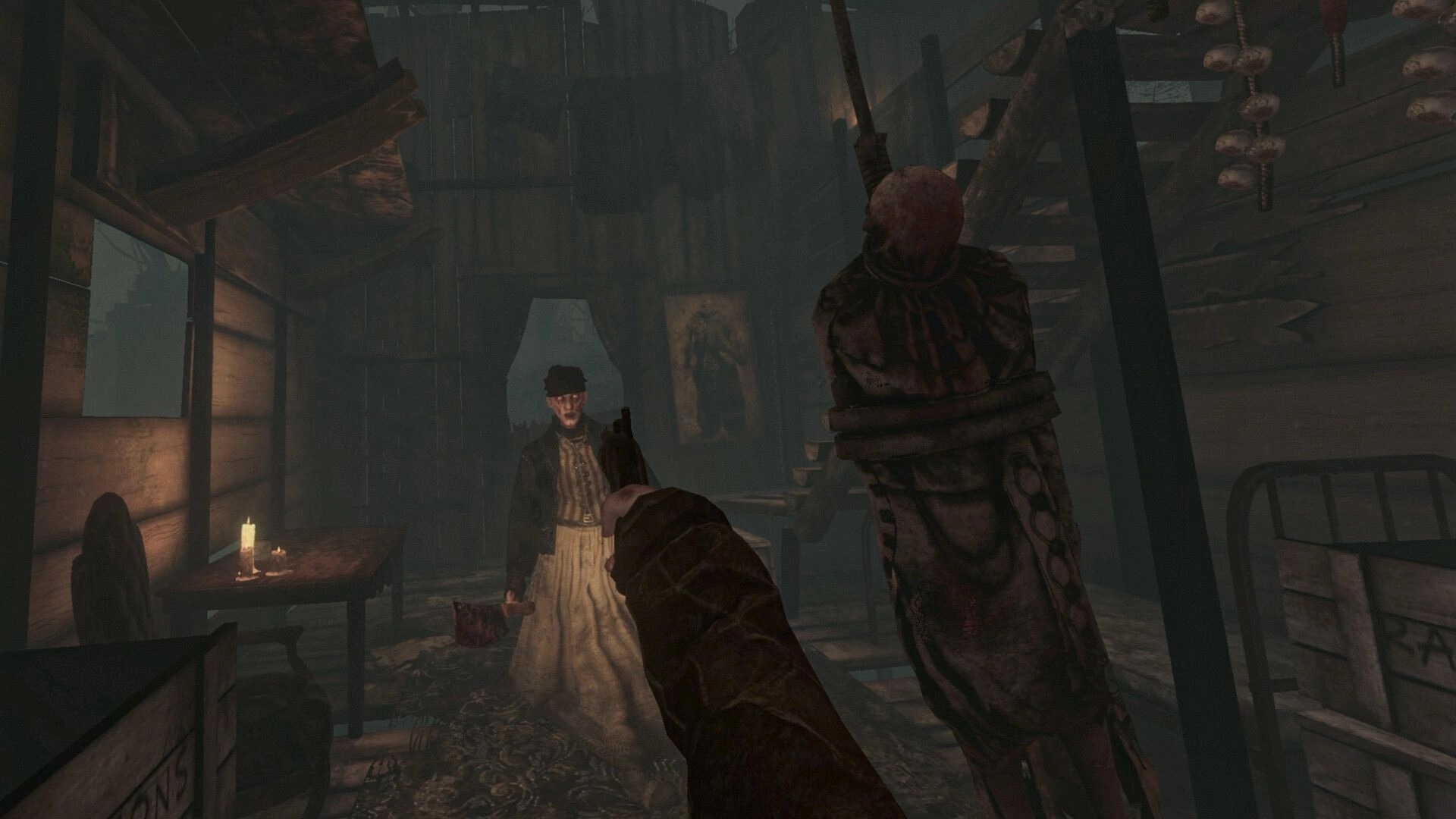 BRAMBLEFORT: First-person view aiming a pistol at a villager inside a dim wooden shack with candles.