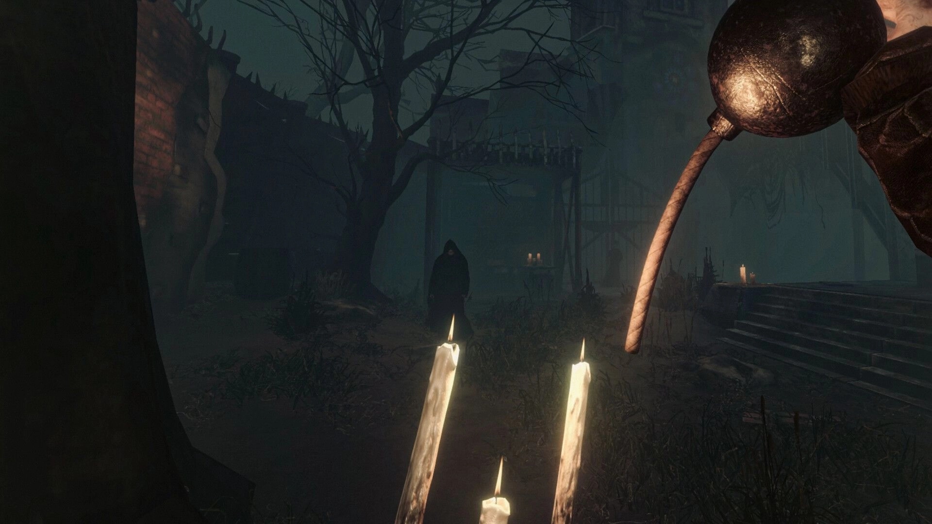 BRAMBLEFORT: Player holds spiked mace facing hooded figure in foggy graveyard by ruined manor steps.