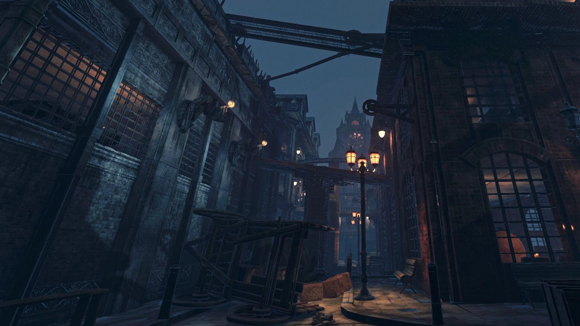 BRAMBLEFORT: Foggy alley with gas lamps and boarded windows between tall, decaying Victorian buildings.