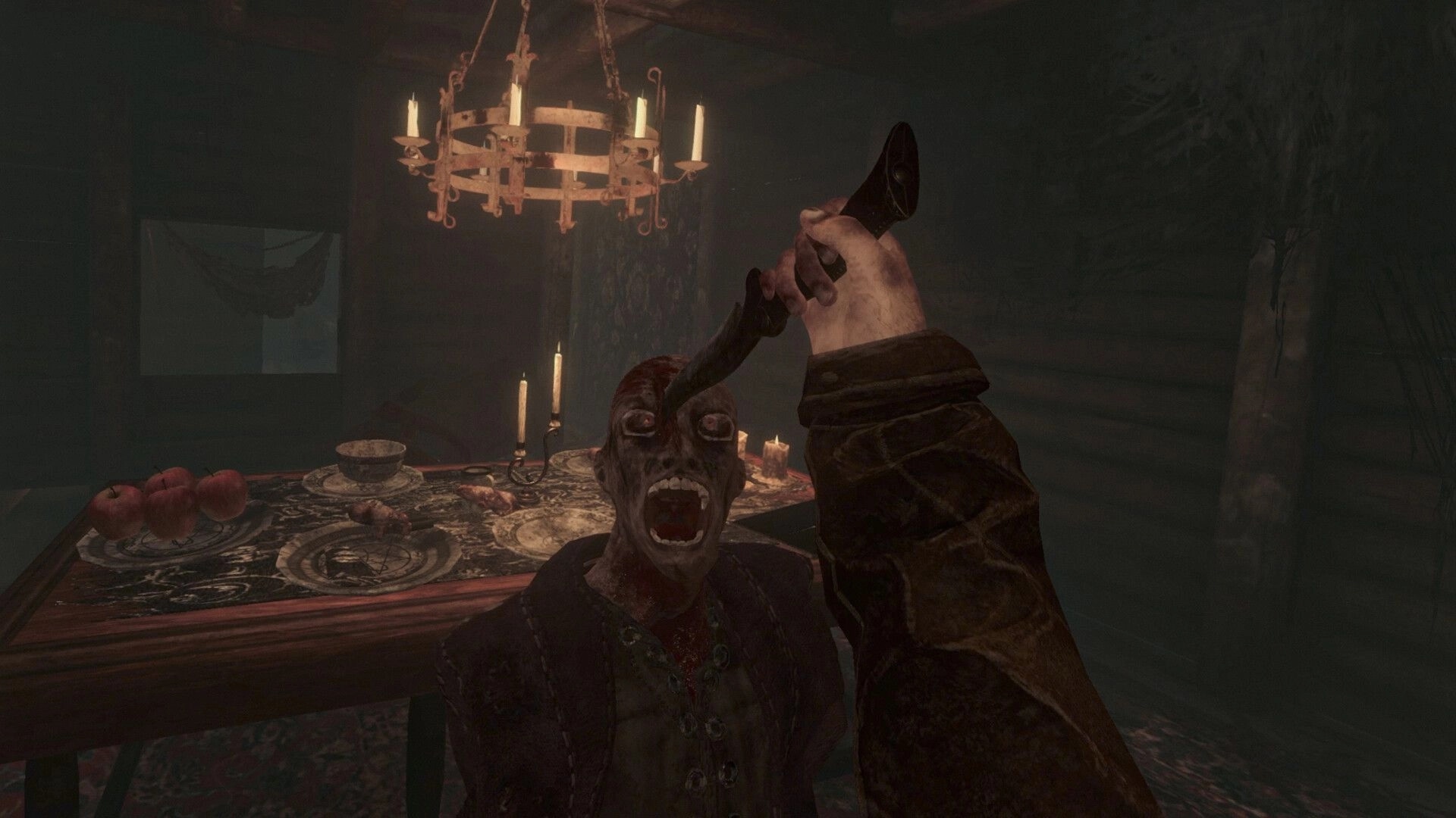 BRAMBLEFORT: First-person knife attack on screaming zombie in candlelit dining room with table set.