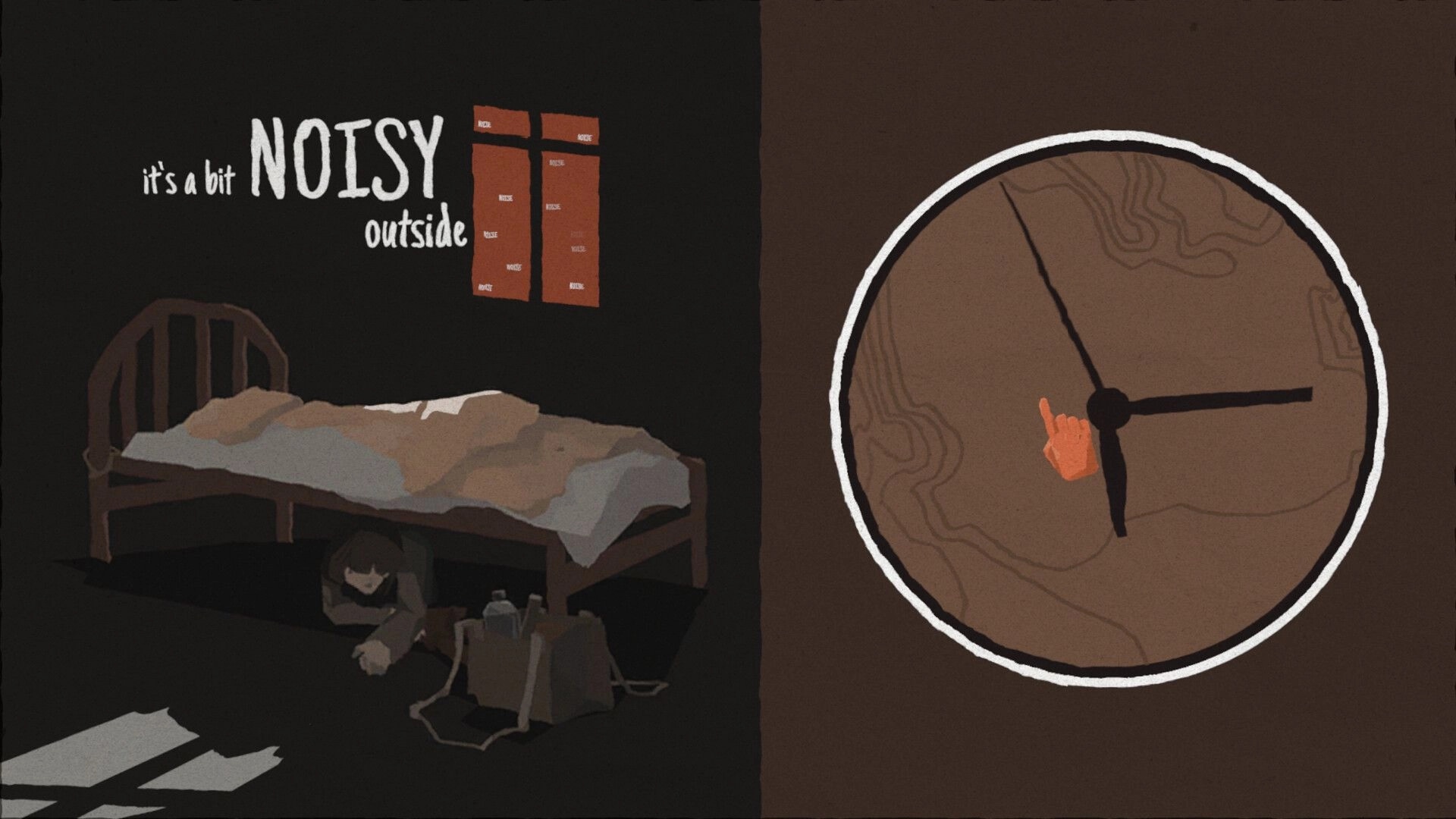 Brass Lament: Hiding under a bed as “it’s a bit NOISY outside” text overlays a dark room scene.
