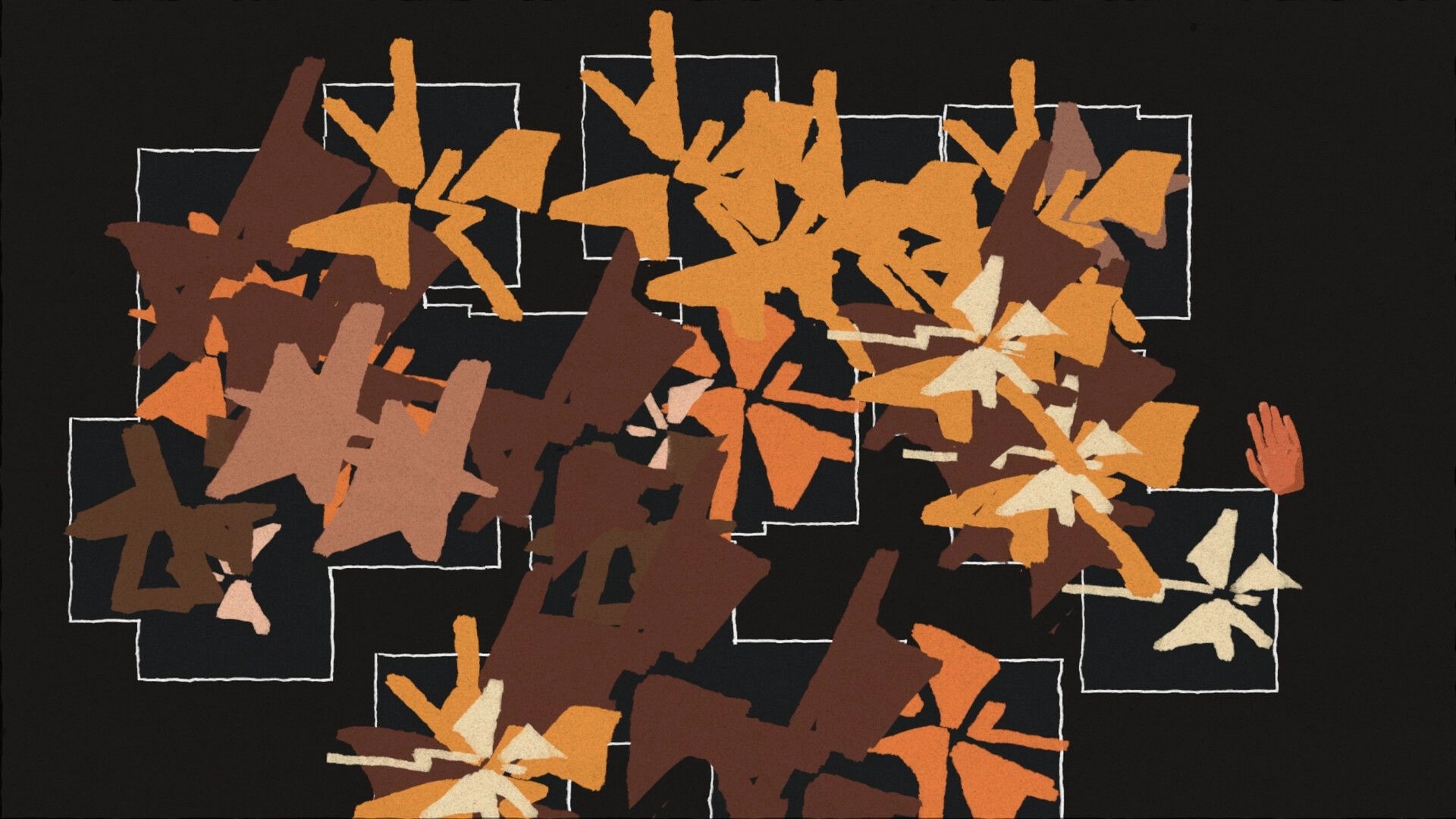 Brass Lament: Abstract collage of orange and brown shapes over white frames on a dark backdrop.