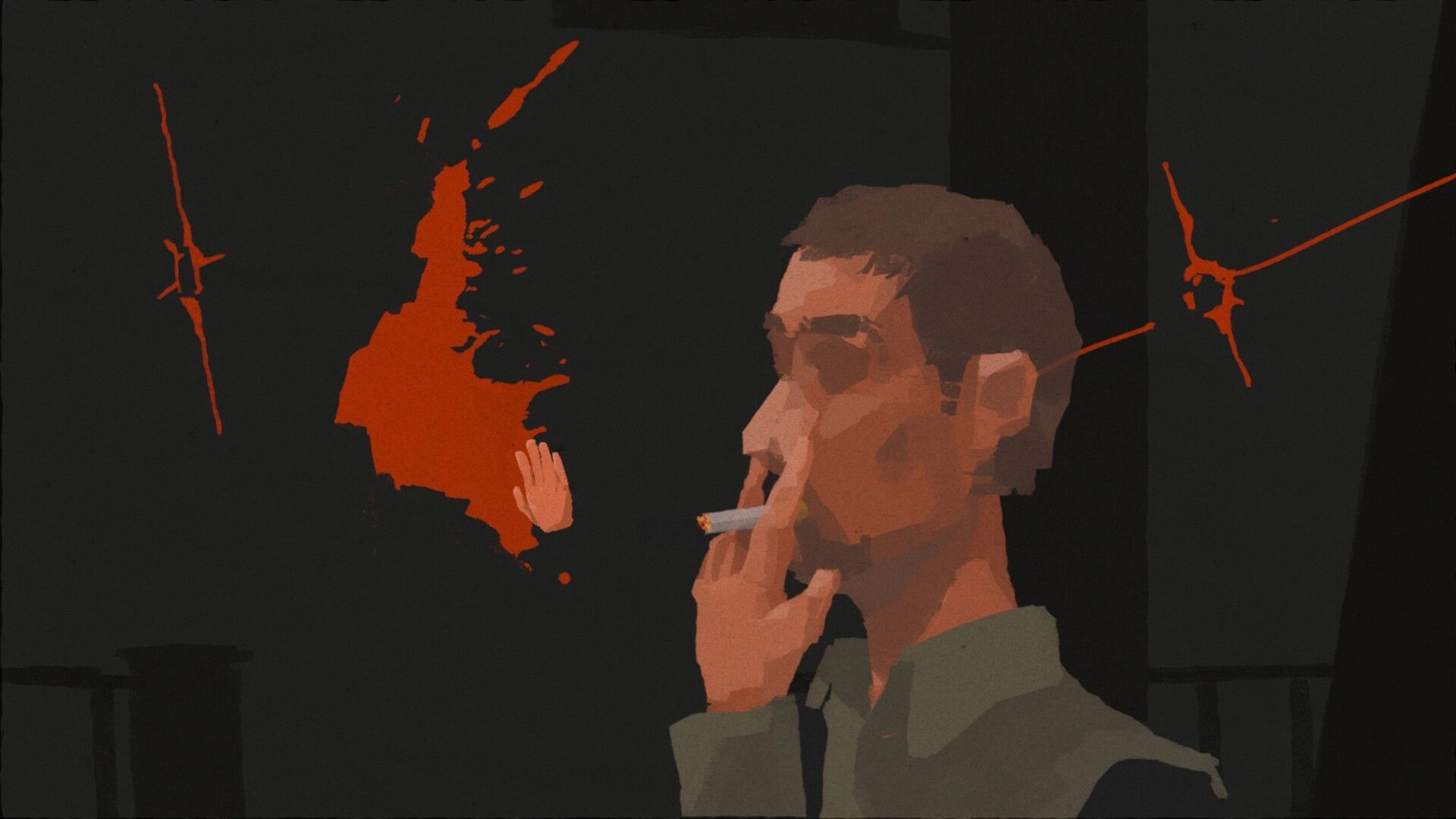 Brass Lament: Close-up of a man smoking beside red splatters on a dark wall in shadowy room.