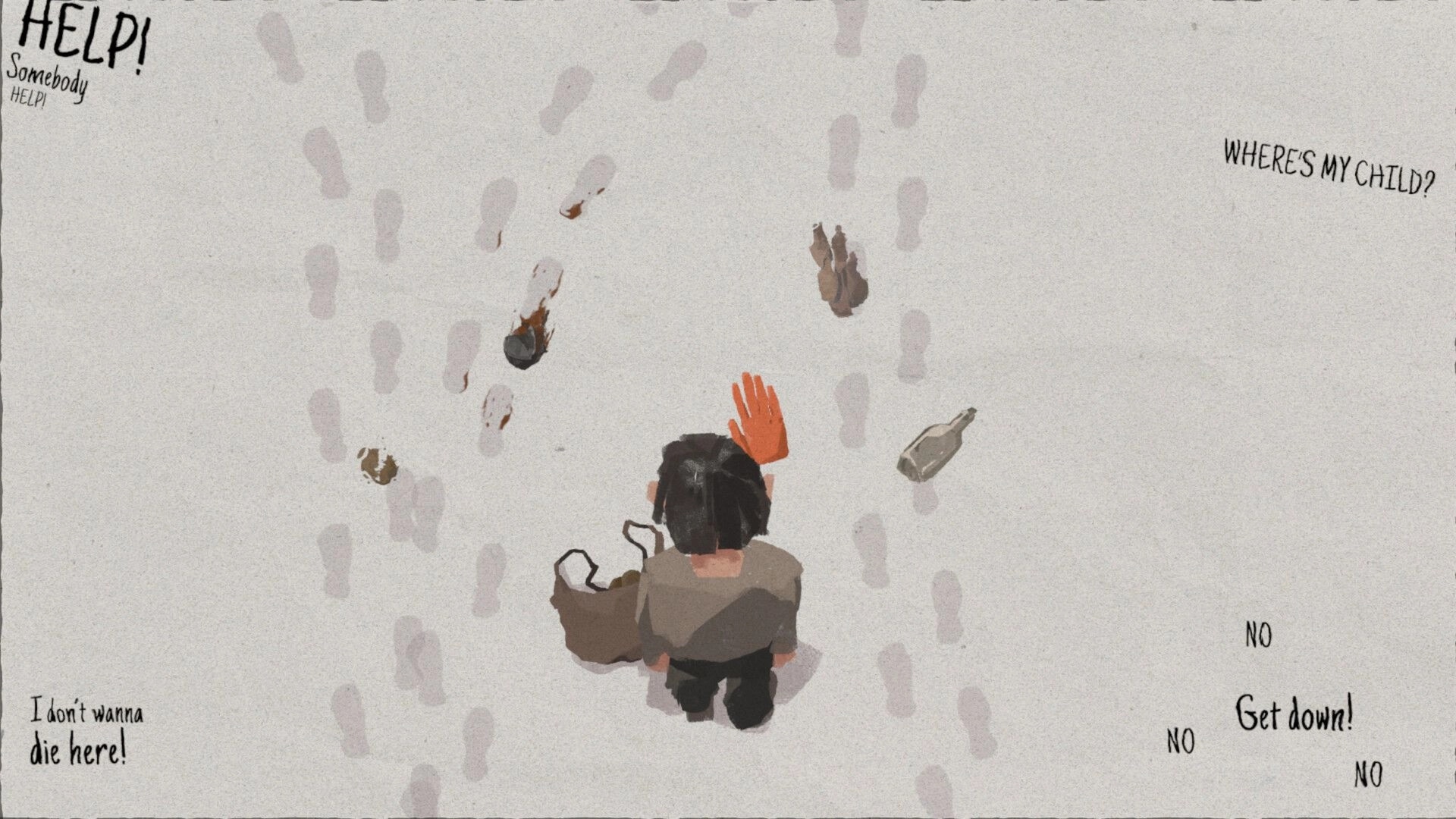 Brass Lament: Child stands amid scattered footprints and debris on pale ground with cries in text.