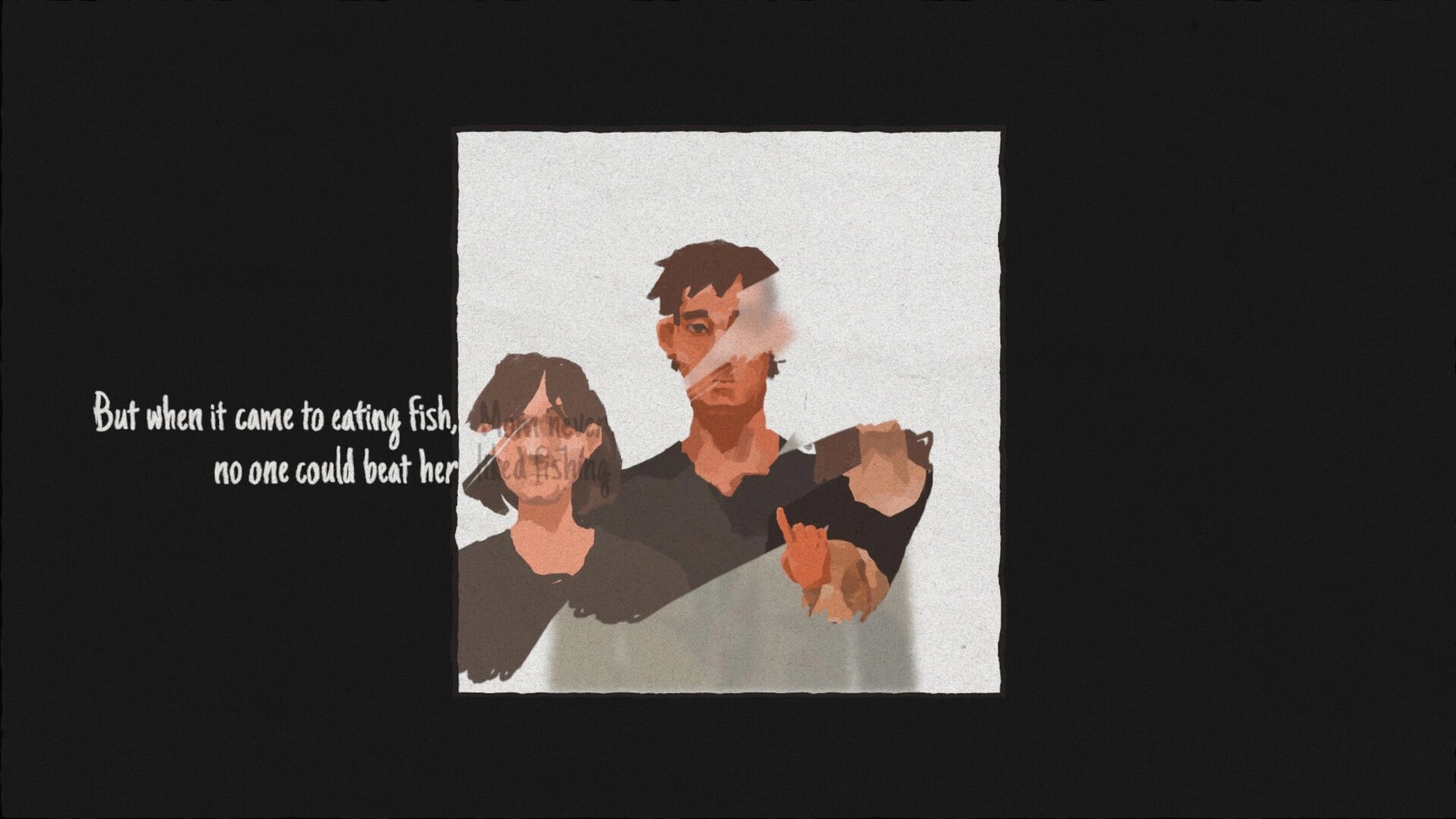 Brass Lament: Captioned memory card with two figures and a cat against a dark vignette backdrop.