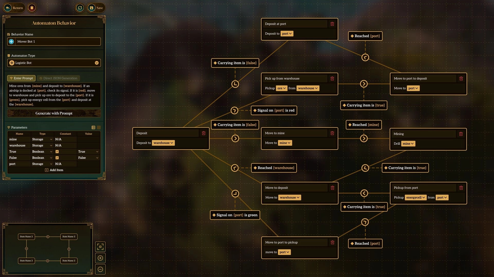 Brave New Wonders: Automaton behavior setup with flowchart for mining and depositing tasks in the menu