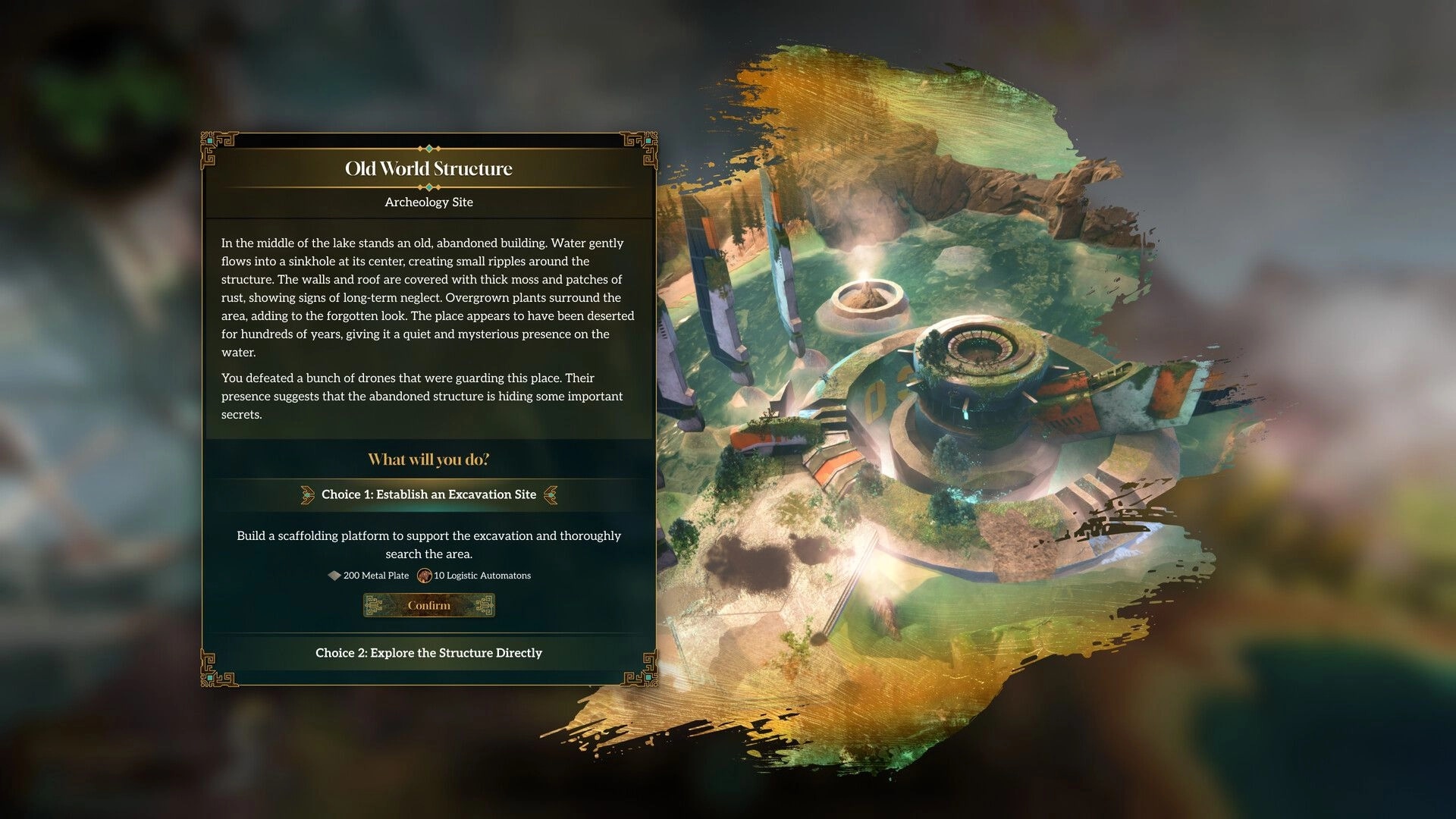 Brave New Wonders: Decision menu with two choices at ancient ruins in lush, overgrown landscape