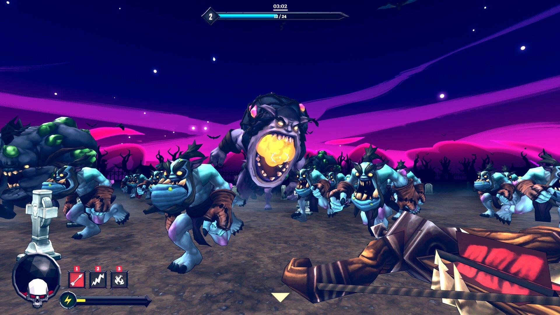 Bravebones: First-person bow aimed at charging goblin horde and boss in a purple graveyard arena.