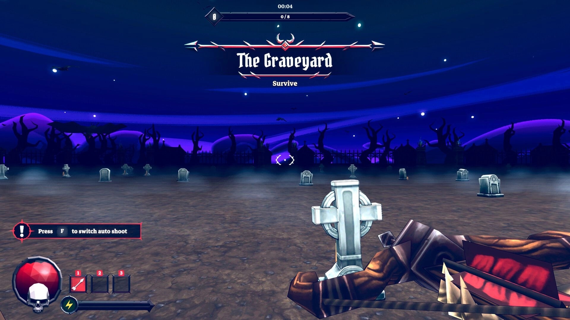 Bravebones: First-person crossbow aim in The Graveyard arena with survive banner, timer, and auto-shoot tip.