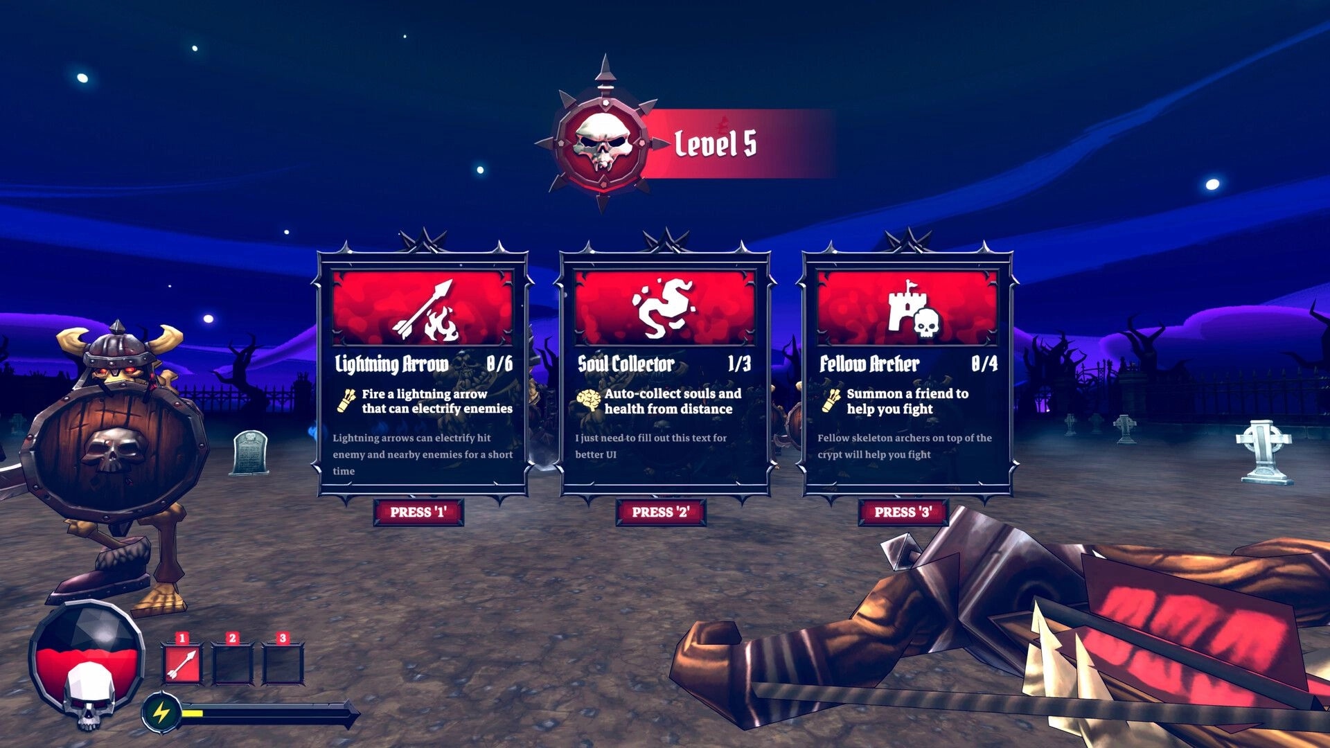 Bravebones: Level 5 upgrade choice cards for Lightning Arrow, Soul Collector, Fellow Archer in graveyard.