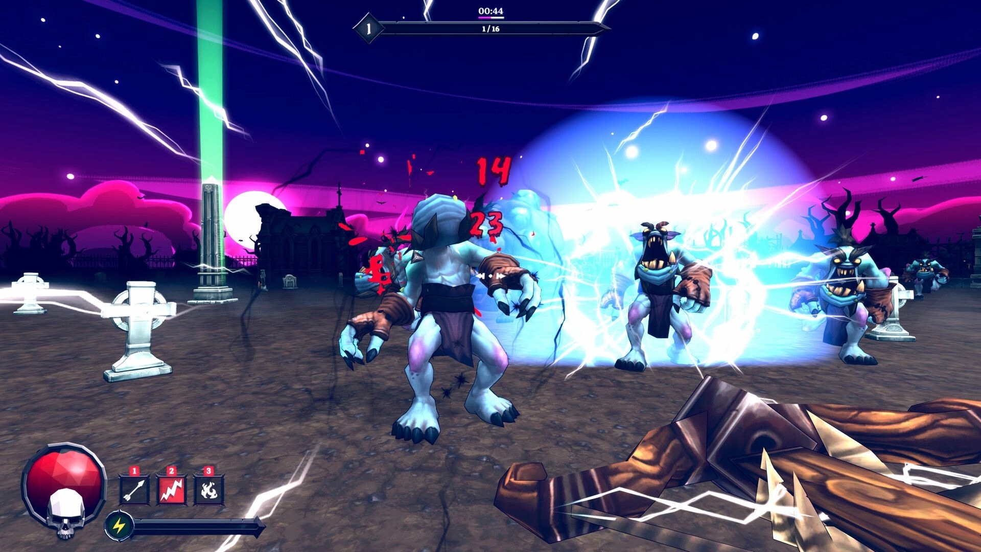 Bravebones: First-person spell blast hits snarling monsters in a graveyard arena with timer and skills UI.
