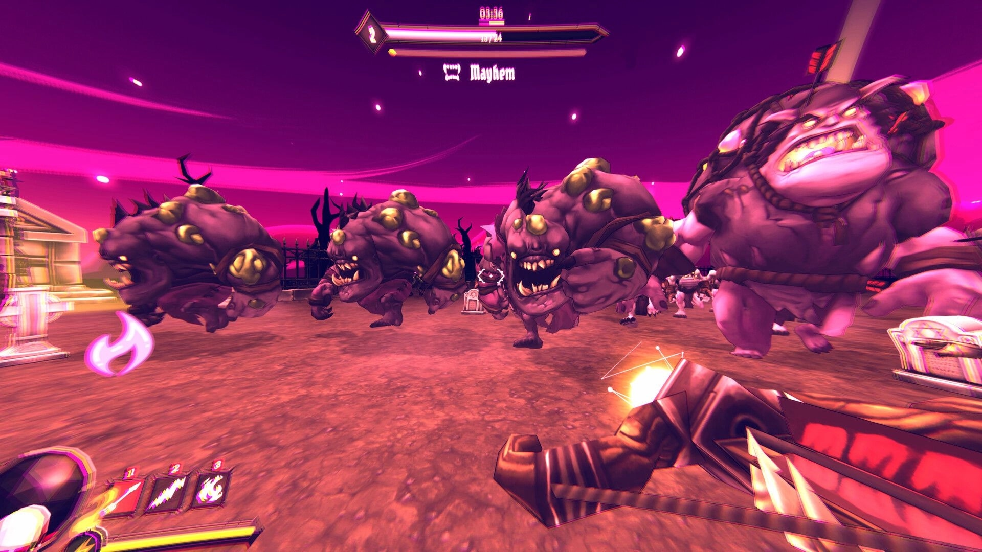 Bravebones: First-person crossbow aiming at charging ogre mobs in neon arena with Mayhem UI bar.