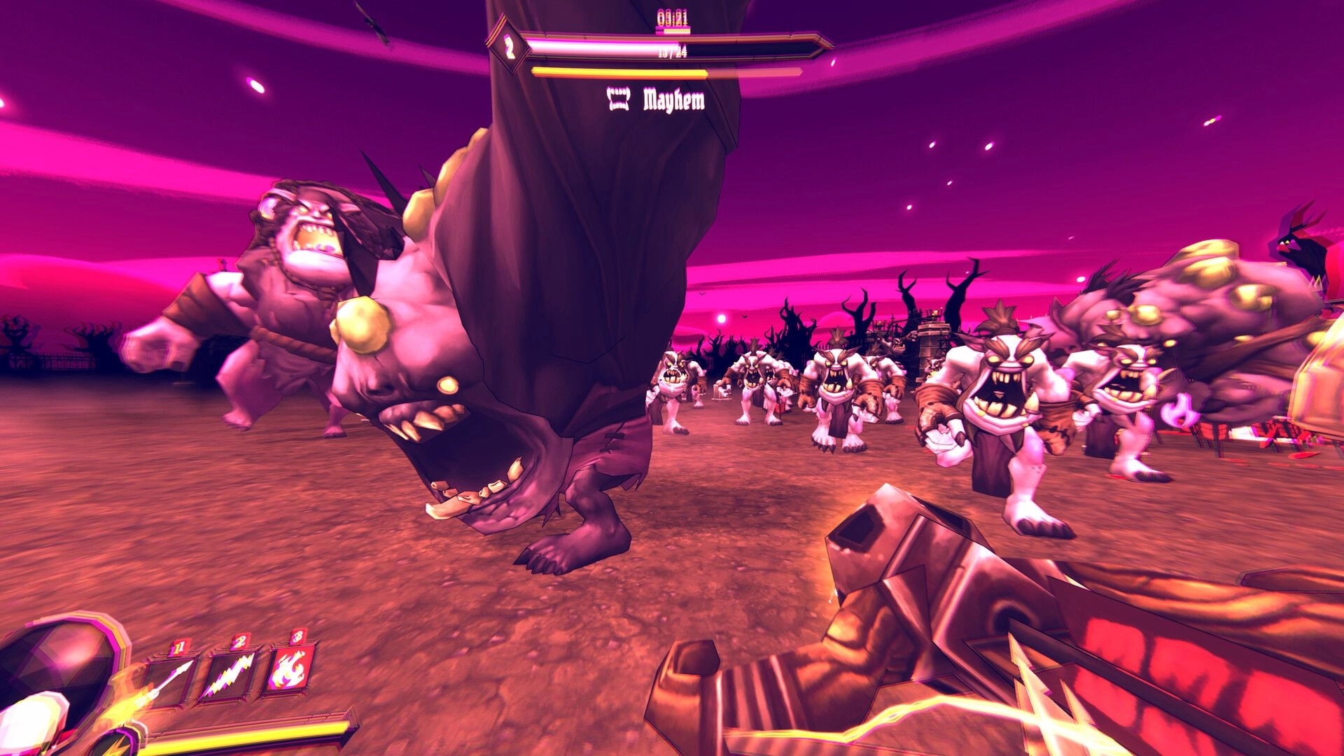 Bravebones: First-person wave fight as ogre mobs charge in a purple arena, Mayhem meter HUD up.