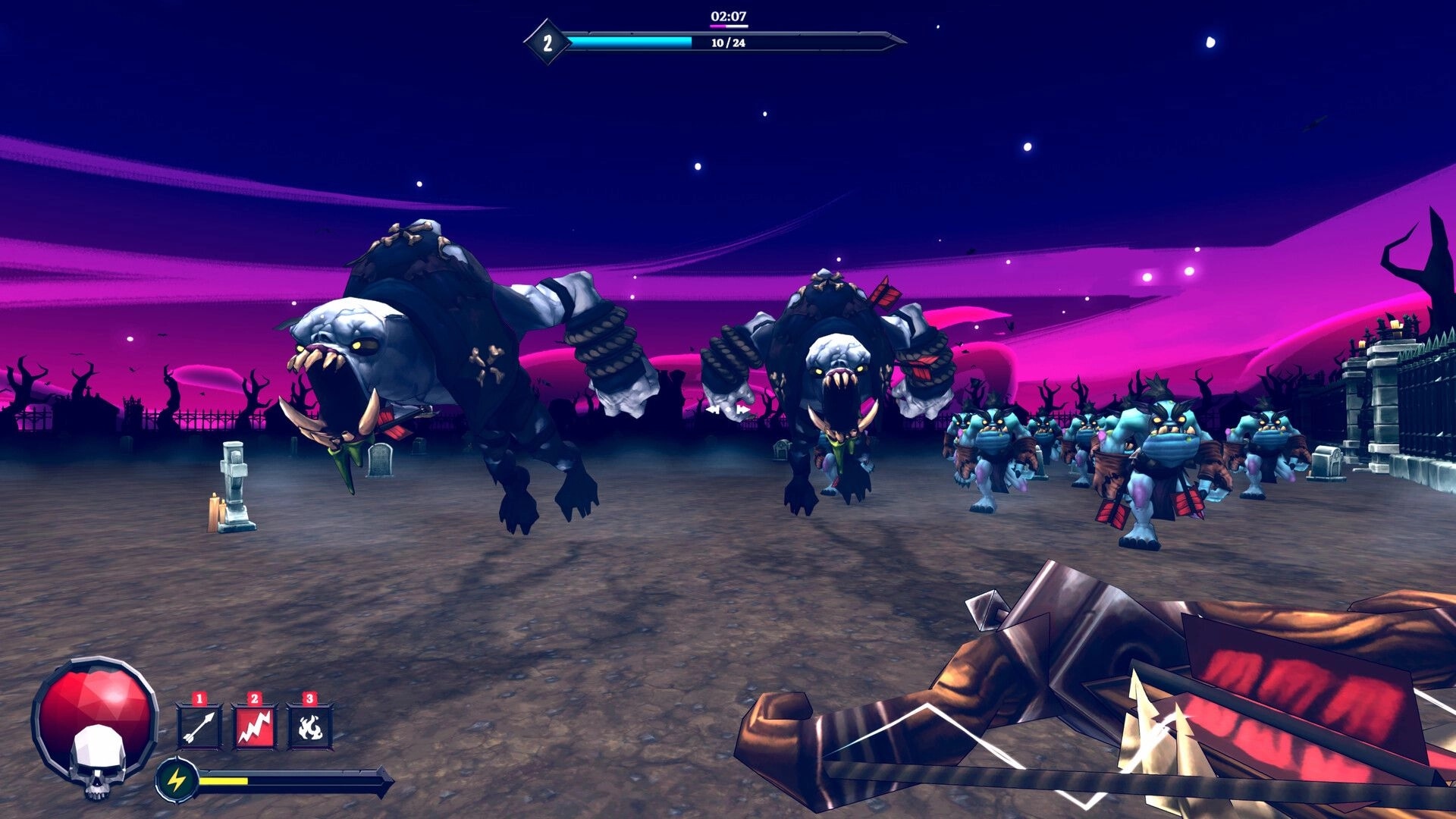 Bravebones: First-person crossbow aimed at charging boar beasts and goblins in a graveyard arena.