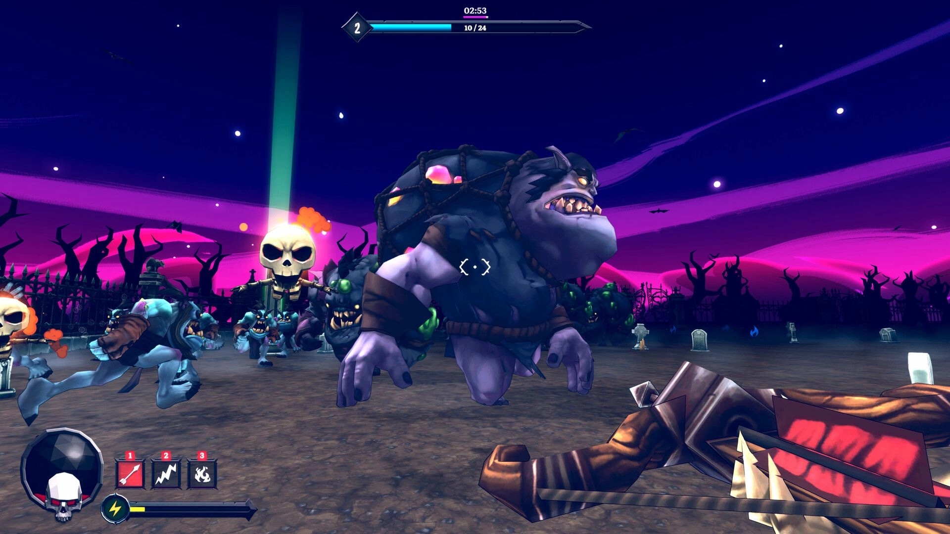Bravebones: First-person arrow combat vs hulking ogre and skull mobs in neon graveyard arena UI HUD.