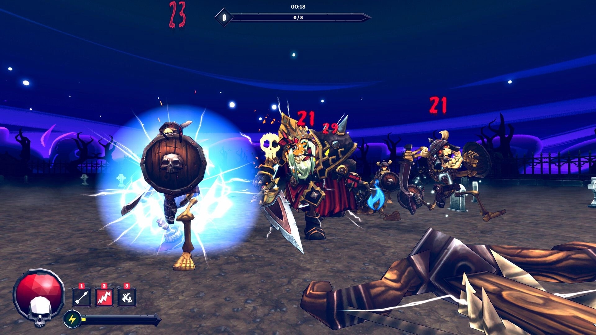 Bravebones: First-person crossbow fight vs armored skeletons in a graveyard arena with damage numbers UI.