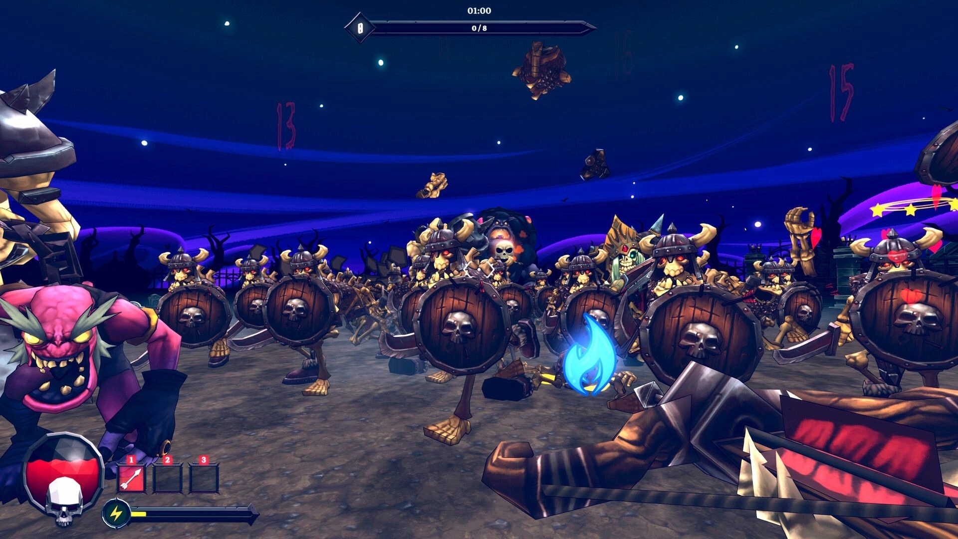Bravebones: Swarm of shielded skeleton warriors advancing in graveyard arena with timer and HUD icons.