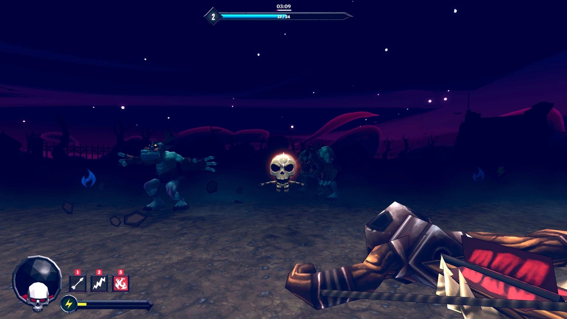 Bravebones: First-person crossbow aimed at two ogres and a floating skull in a dark wasteland arena.
