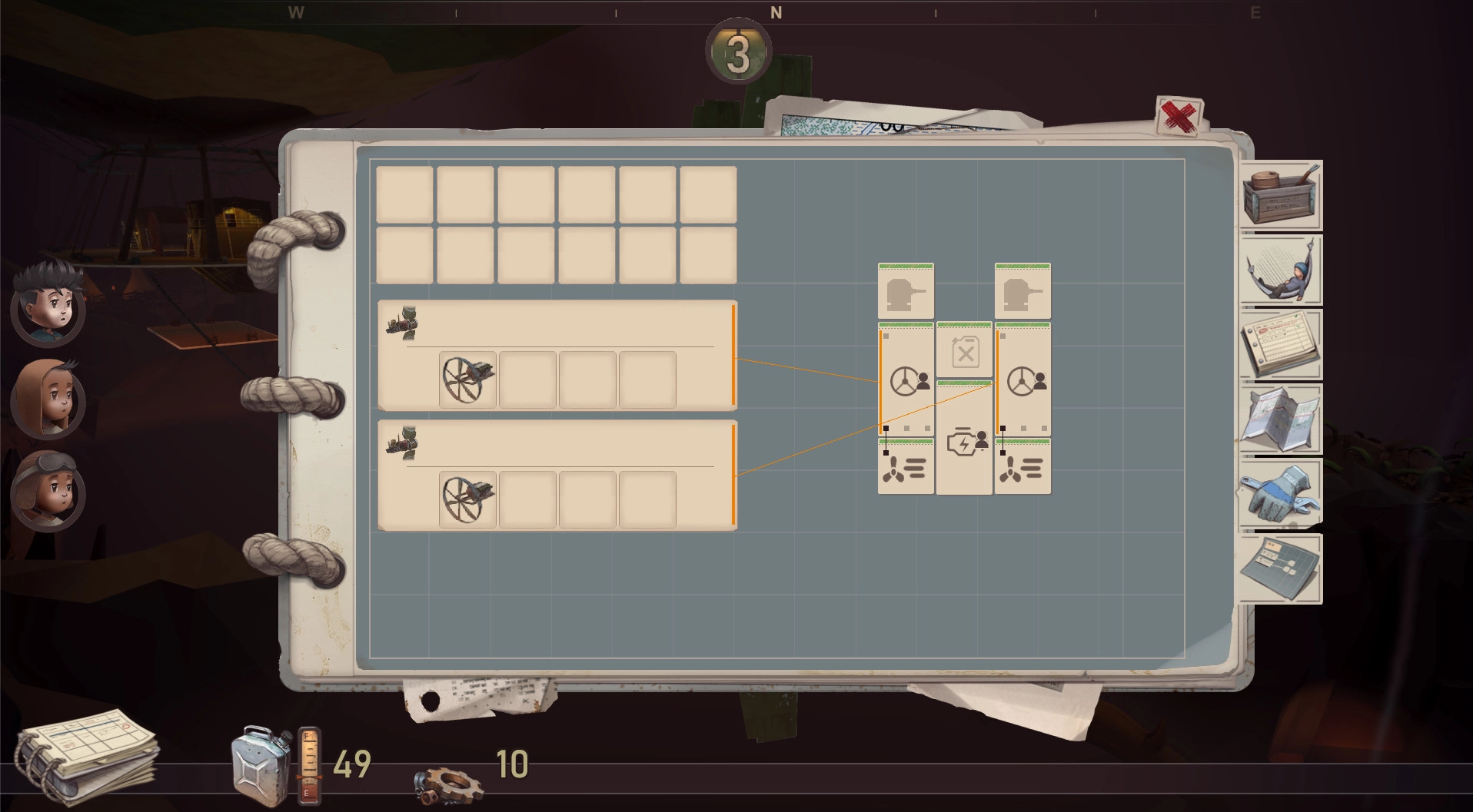 Bravers: Crew management interface with character portraits and resource icons in underground base