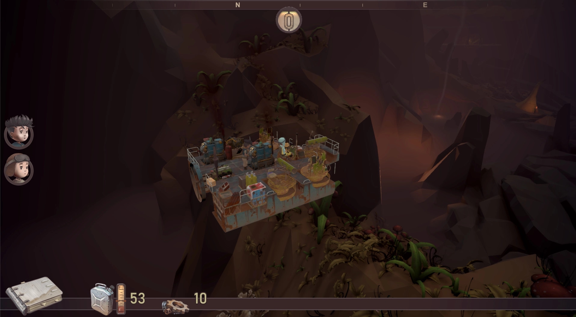 Bravers: Custom ship with crew navigating rocky underground terrain and UI displaying character portraits