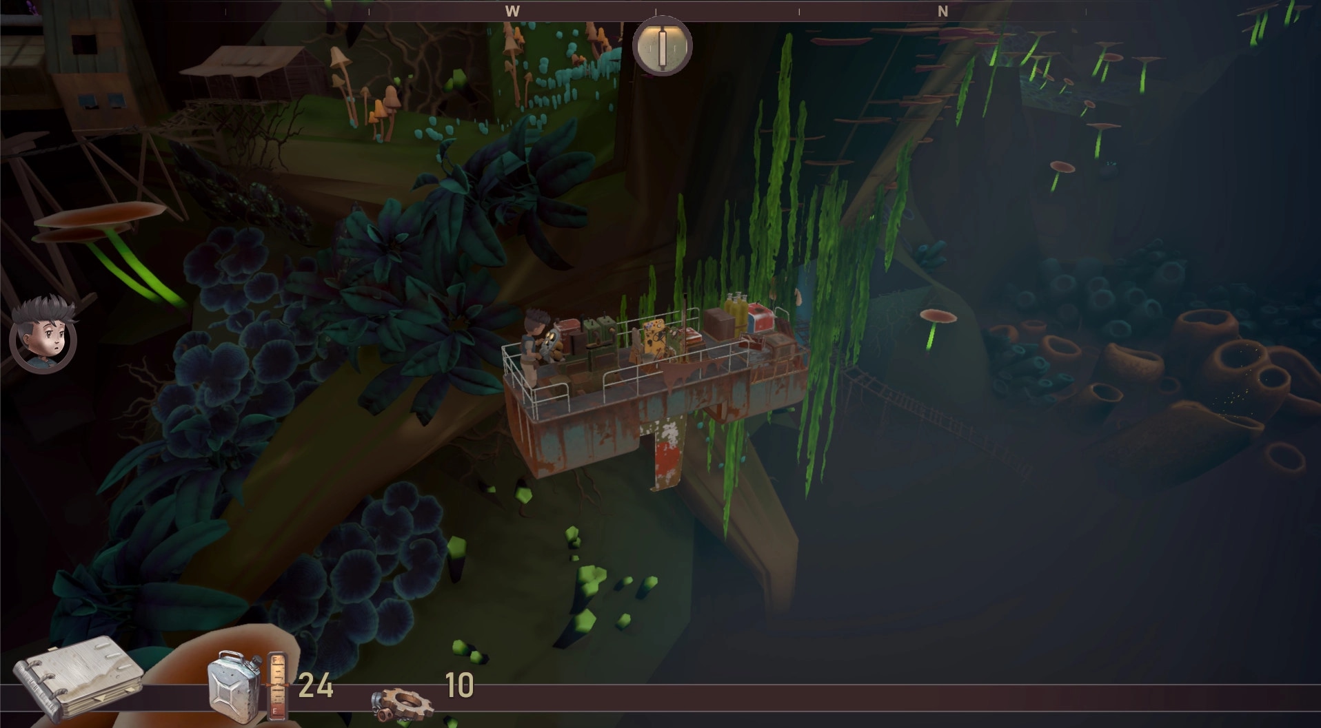 Bravers: Character on a platform in a lush underground environment with mushrooms and plants around