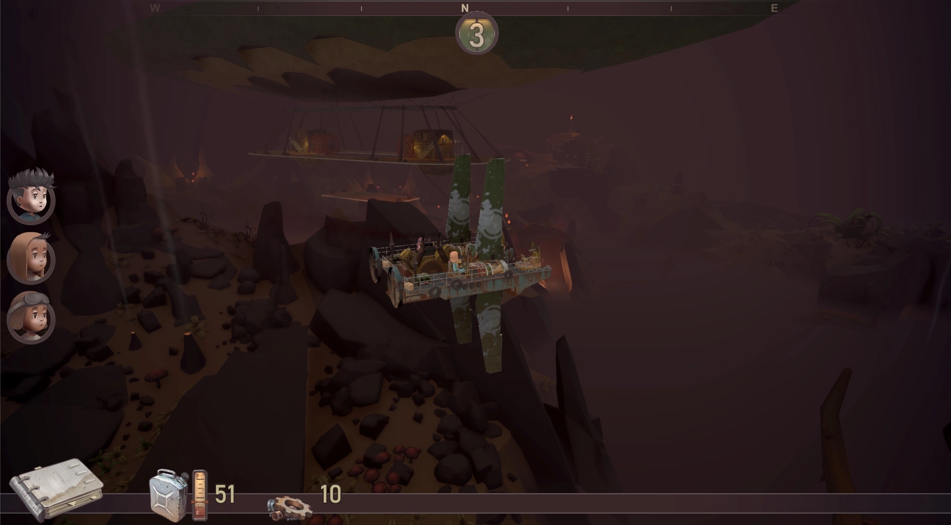 Bravers: Custom ship with crew navigating rocky underground world, character portraits on screen left.