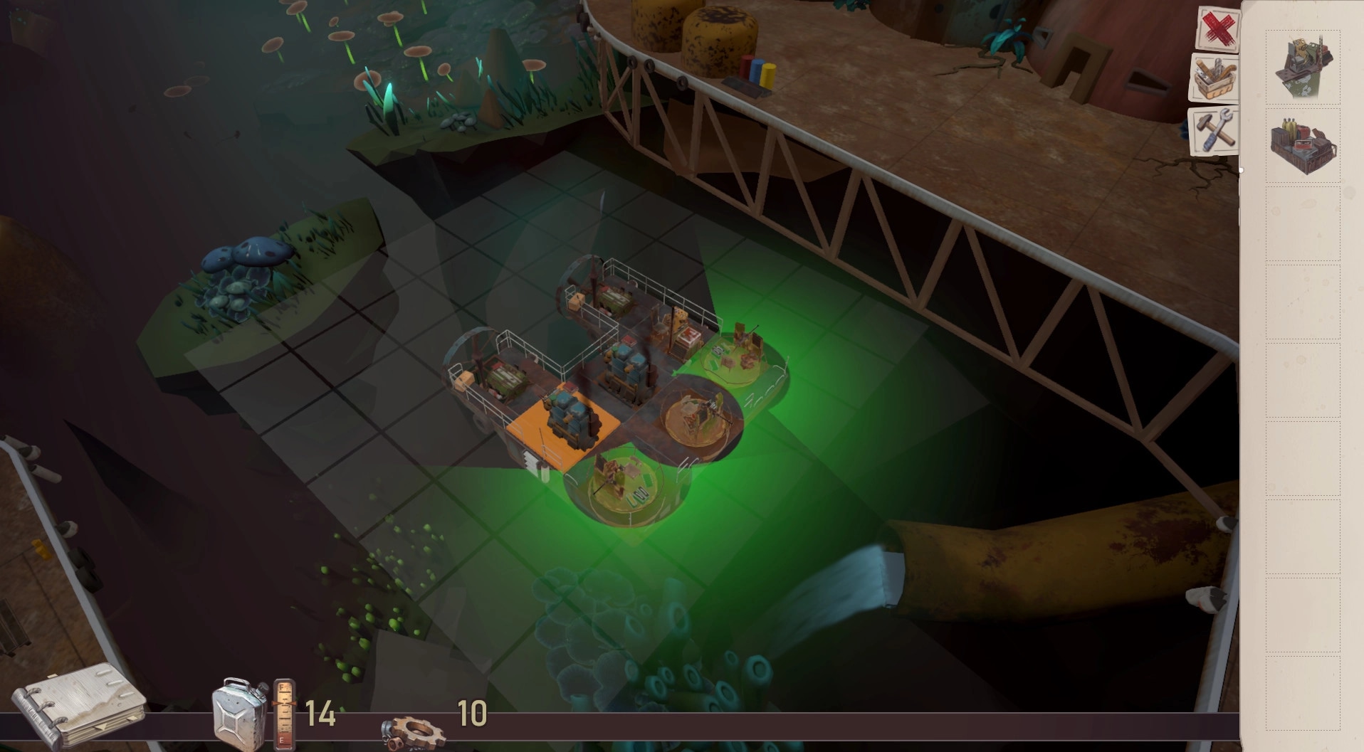 Bravers: Custom ship with crew navigating underground, surrounded by glowing mushrooms and UI elements