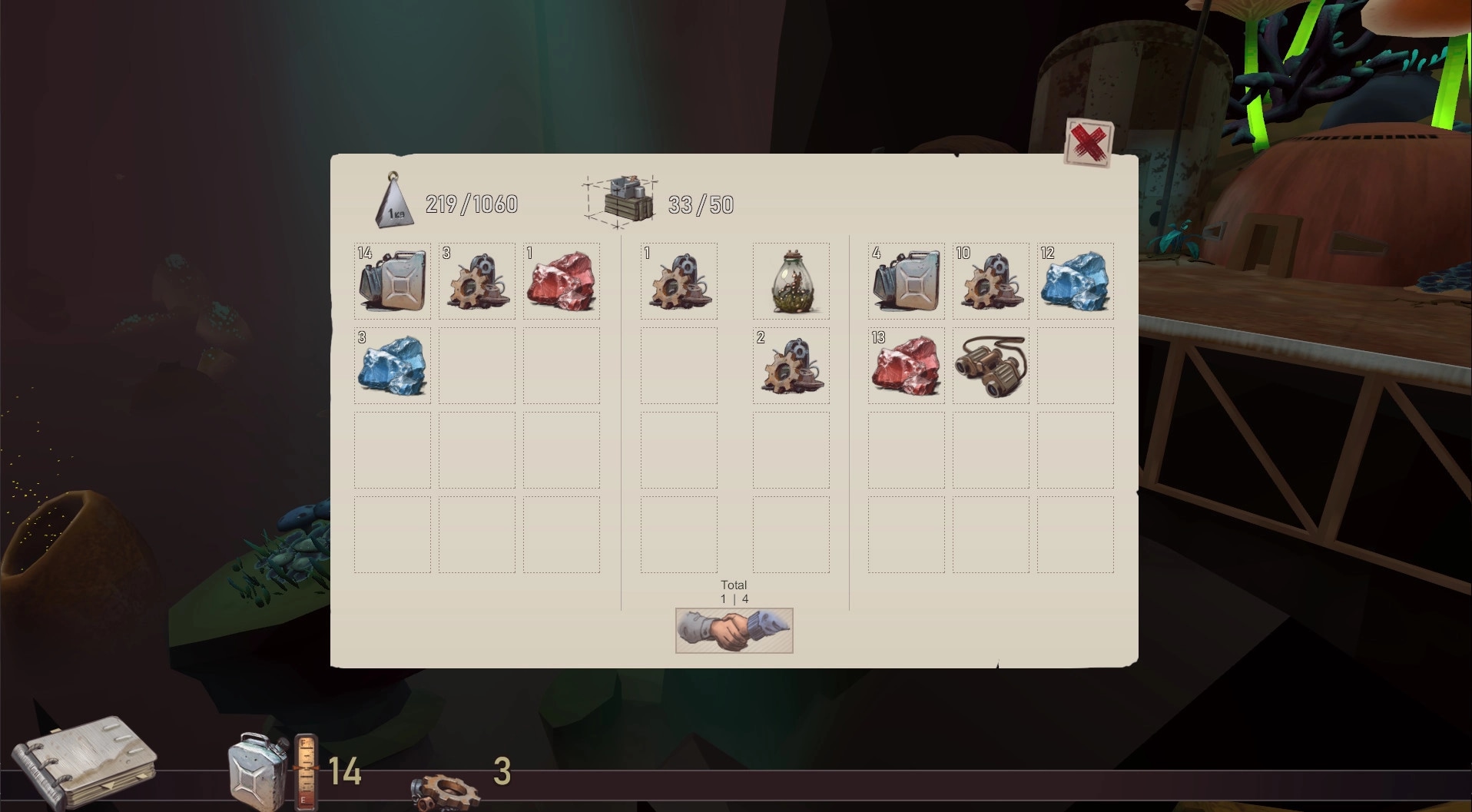 Bravers: Inventory menu showing various resources and items with weight and capacity indicators.