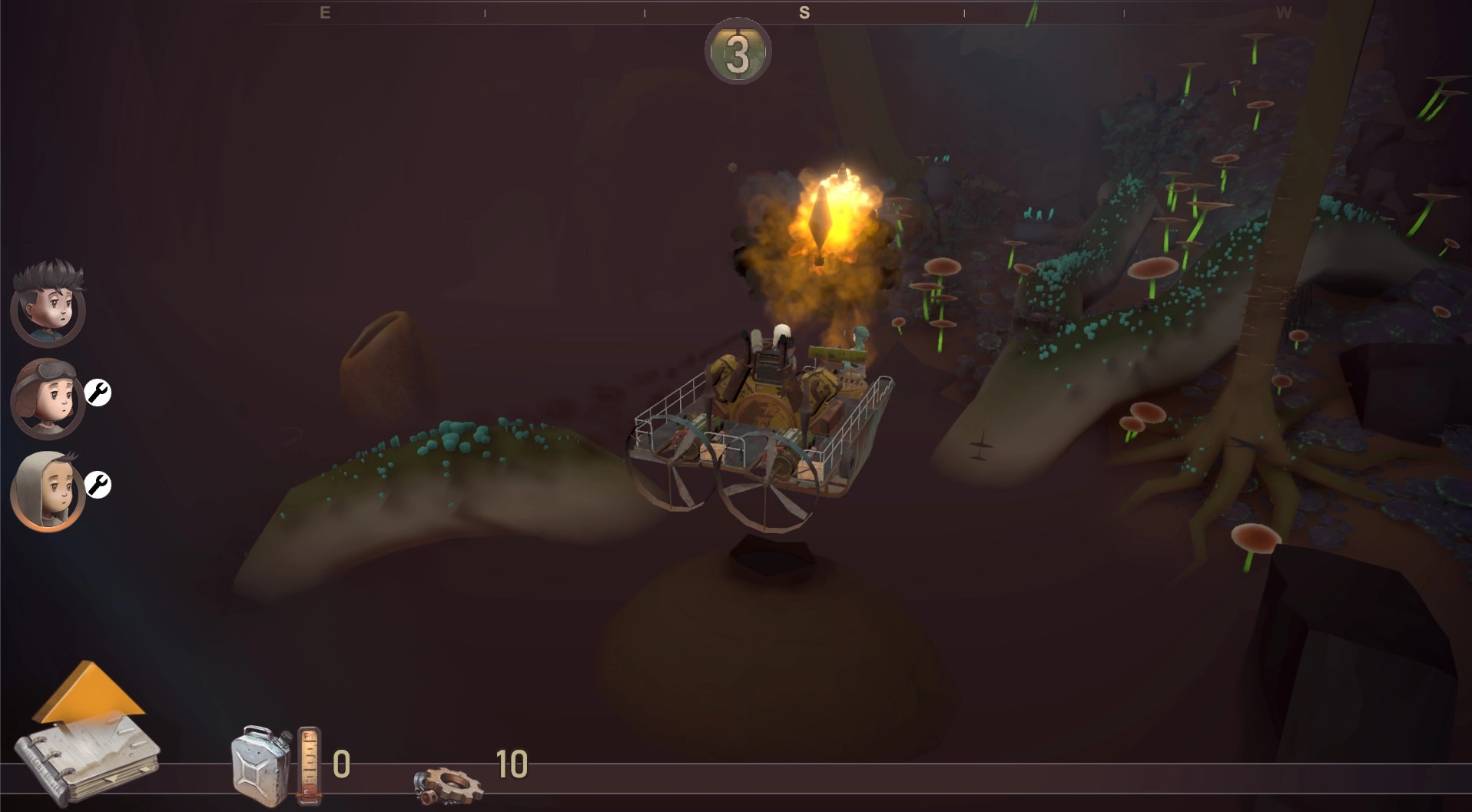 Bravers: Ship navigating underground terrain with glowing mushrooms and crew avatars on left UI panel