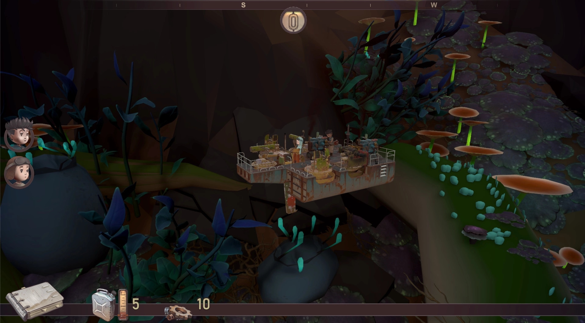 Bravers: Crew navigating a rusted platform through lush underground terrain with oversized plants