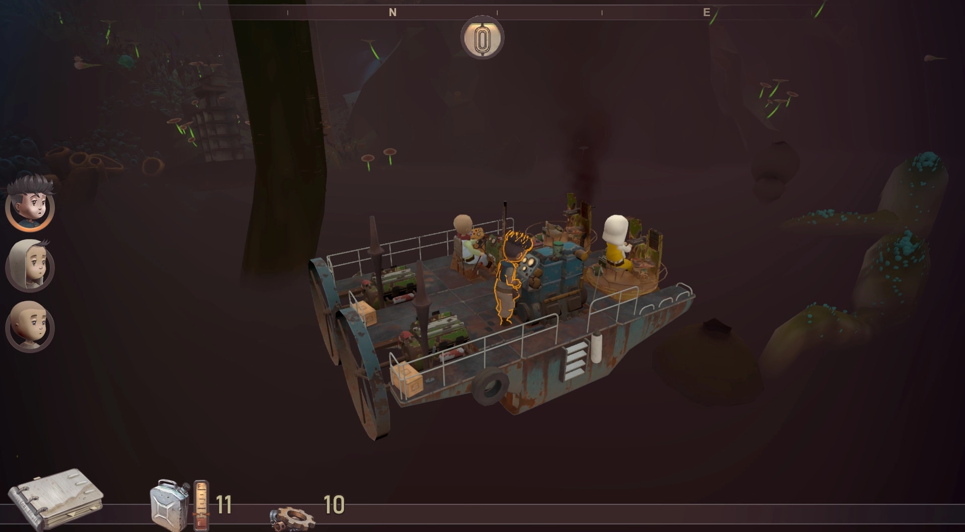 Bravers: Custom ship with three crew members navigating a mysterious, dark underground environment