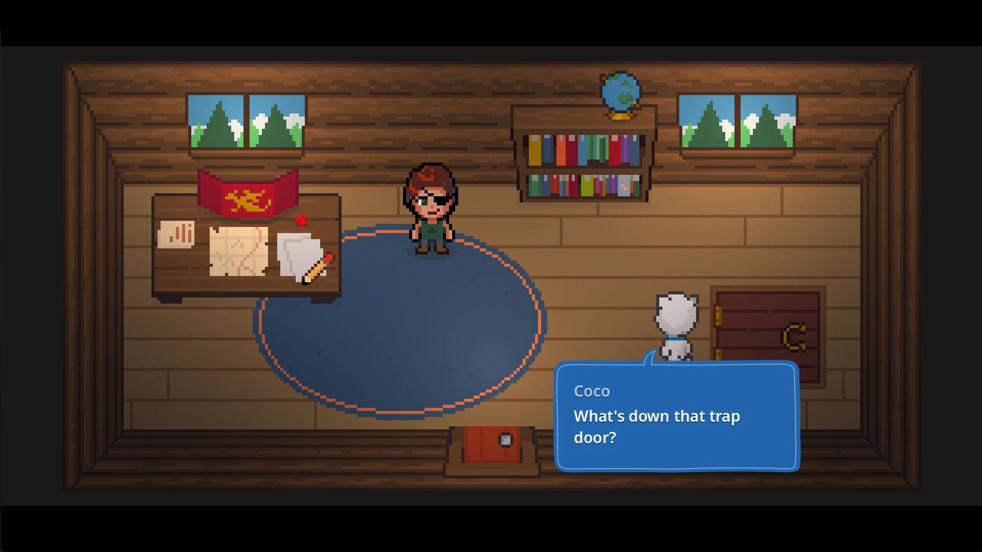 Bravest Coconut: Coco dialogue about a trap door inside a cabin room with desk, rug, and bookshelf.