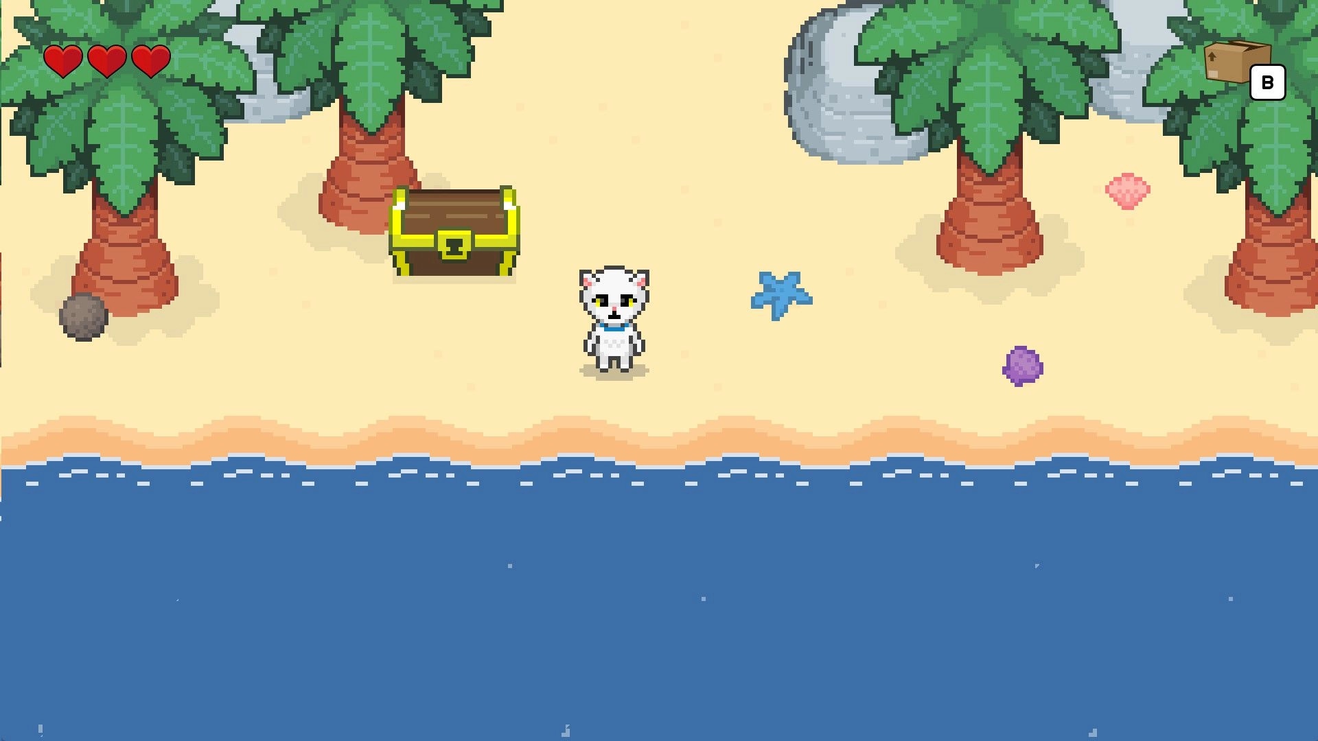 Bravest Coconut: Cat hero stands on a beach near a treasure chest, hearts UI and B prompt visible.