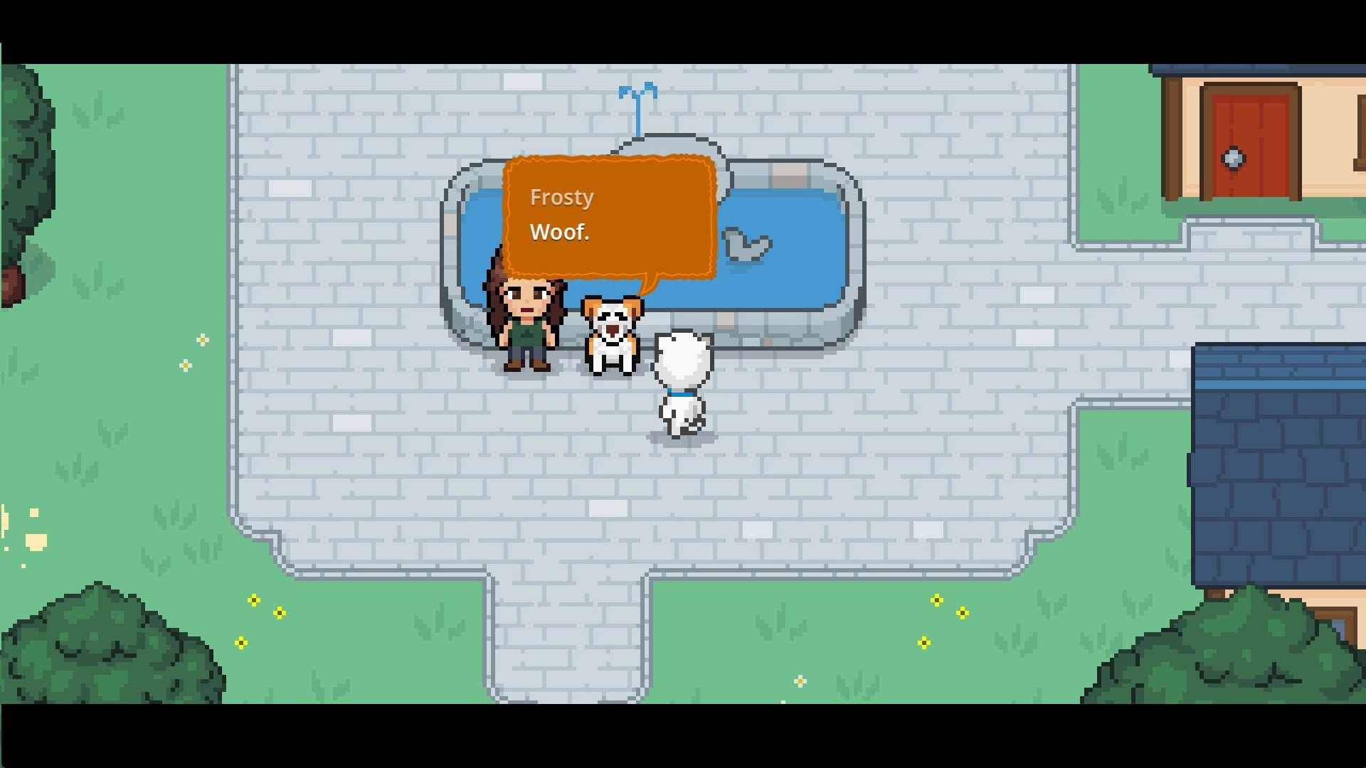 Bravest Coconut: Talking to dog Frosty via dialogue box by a fountain in a paved town square.