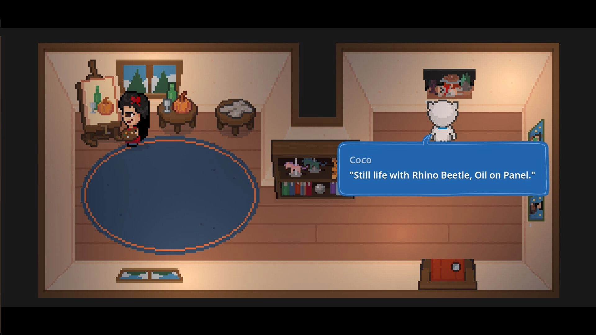 Bravest Coconut: Coco examines a wall painting as a dialogue box appears in a cozy pixel art room.