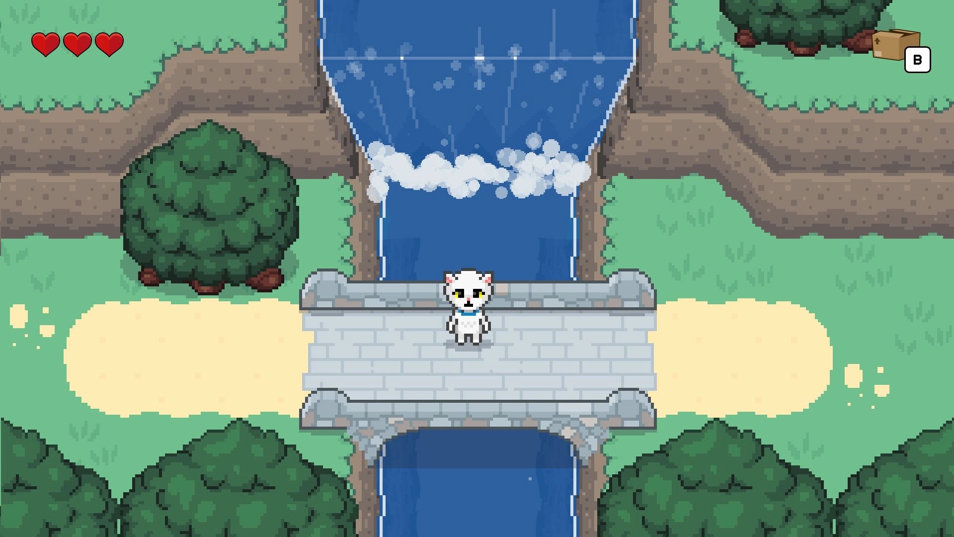 Bravest Coconut: White cat hero stands on stone bridge over river waterfall, 3 hearts UI visible.
