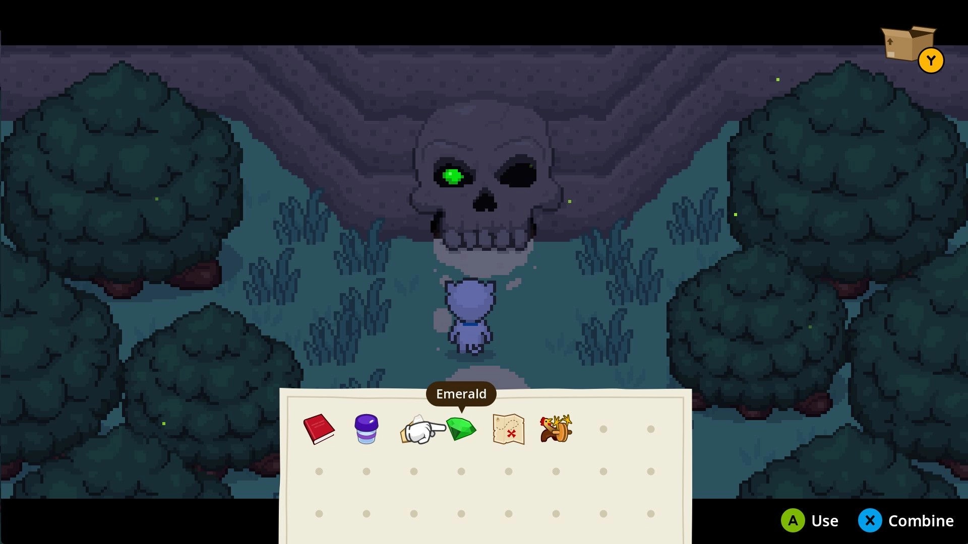 Bravest Coconut: Inventory open on Emerald item before skull cave entrance in dark forest path.