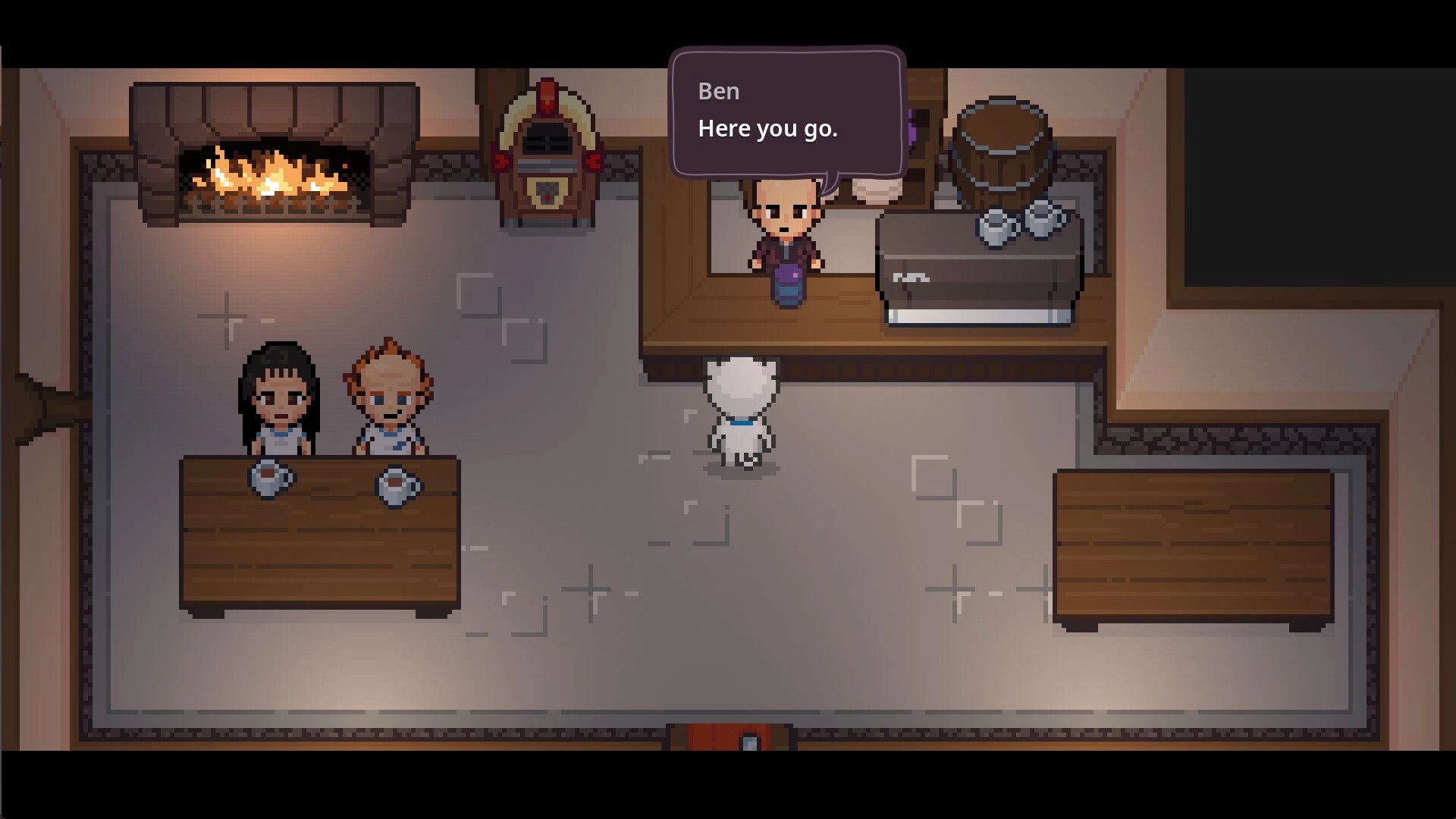 Bravest Coconut: Talking to Ben at a tavern counter, dialogue bubble reads "Here you go.".