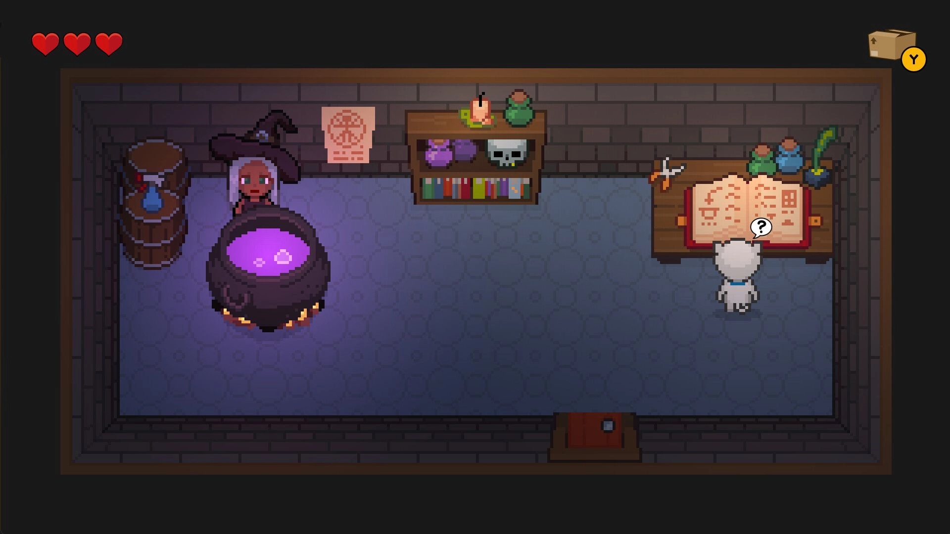 Bravest Coconut: Player reads an open spellbook by a desk in a stone lab with bubbling purple cauldron.